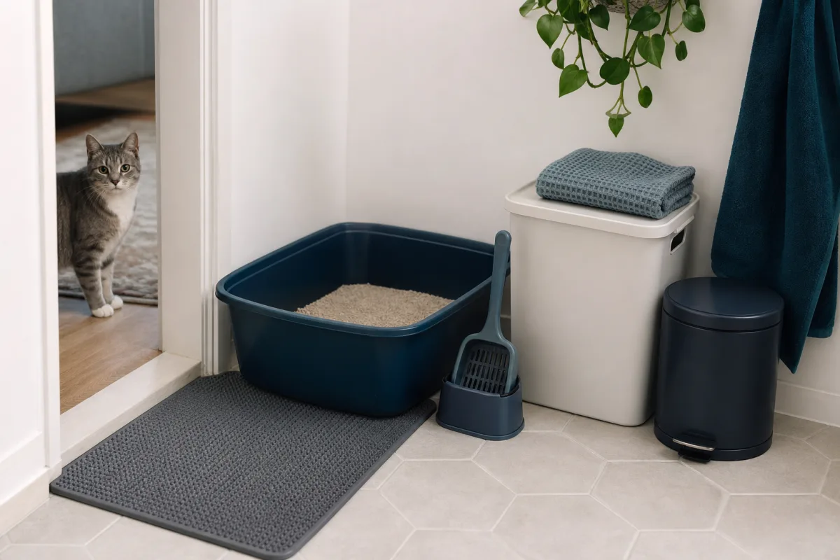 Compact apartment litter storage with a clean box, scoop, mat, and sealed bin