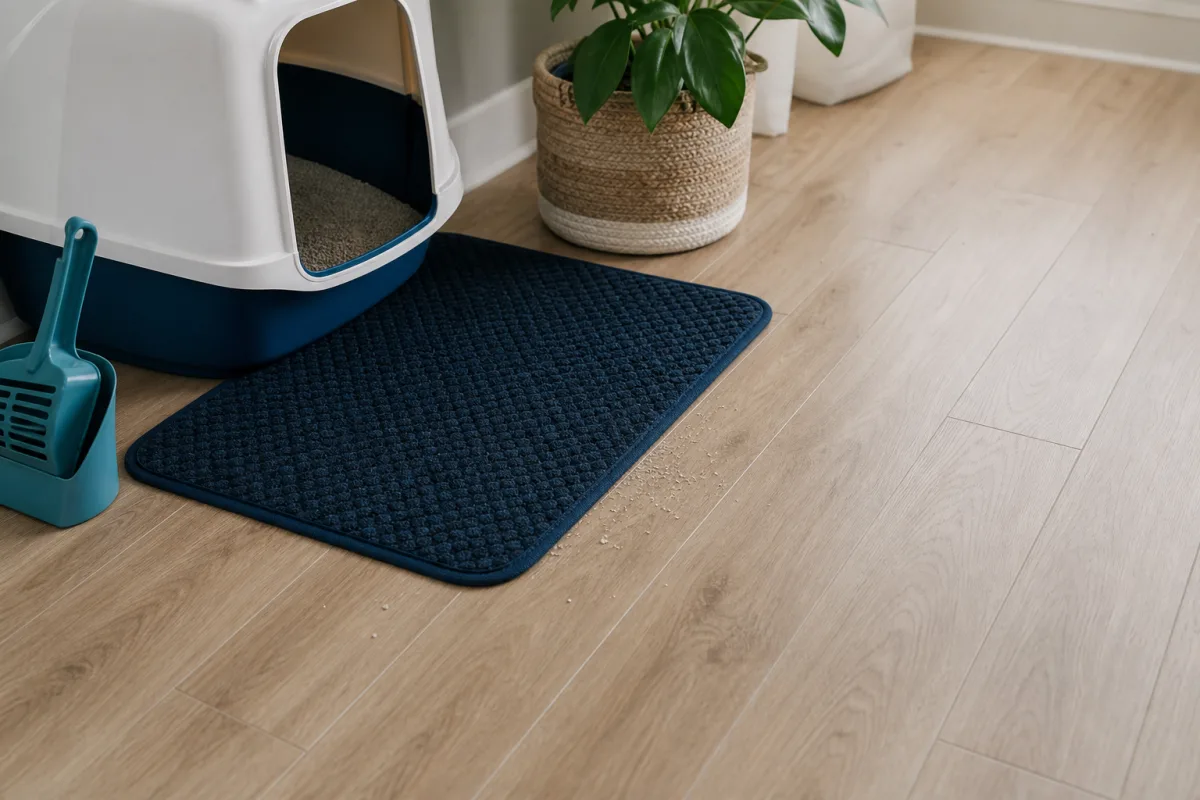 A clean litter box exit path with a wide mat, clear floor route, scoop, and handheld cleanup tool