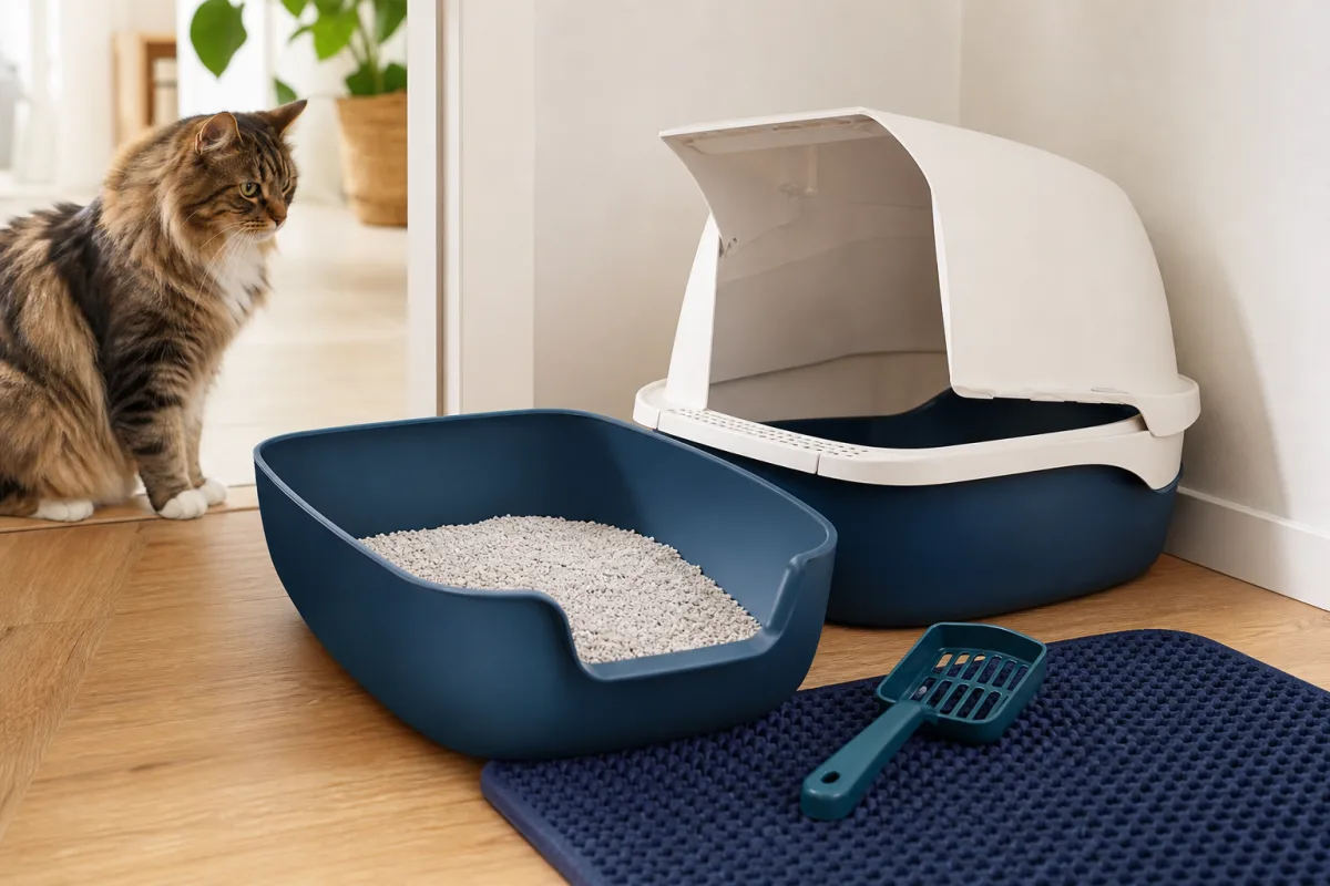 Open and covered litter boxes arranged to show entrance size, lid access, scoop, and mat placement
