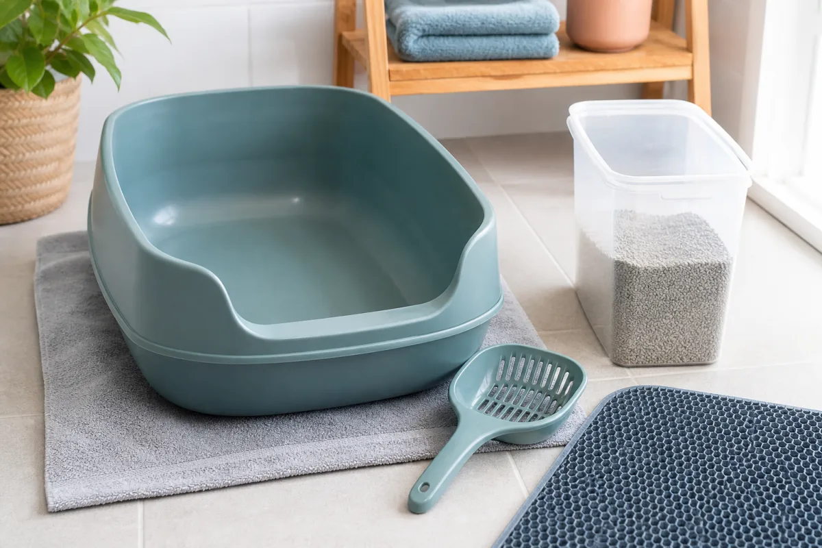 A clean empty litter box drying on a towel with scoop, refill container, and mat nearby