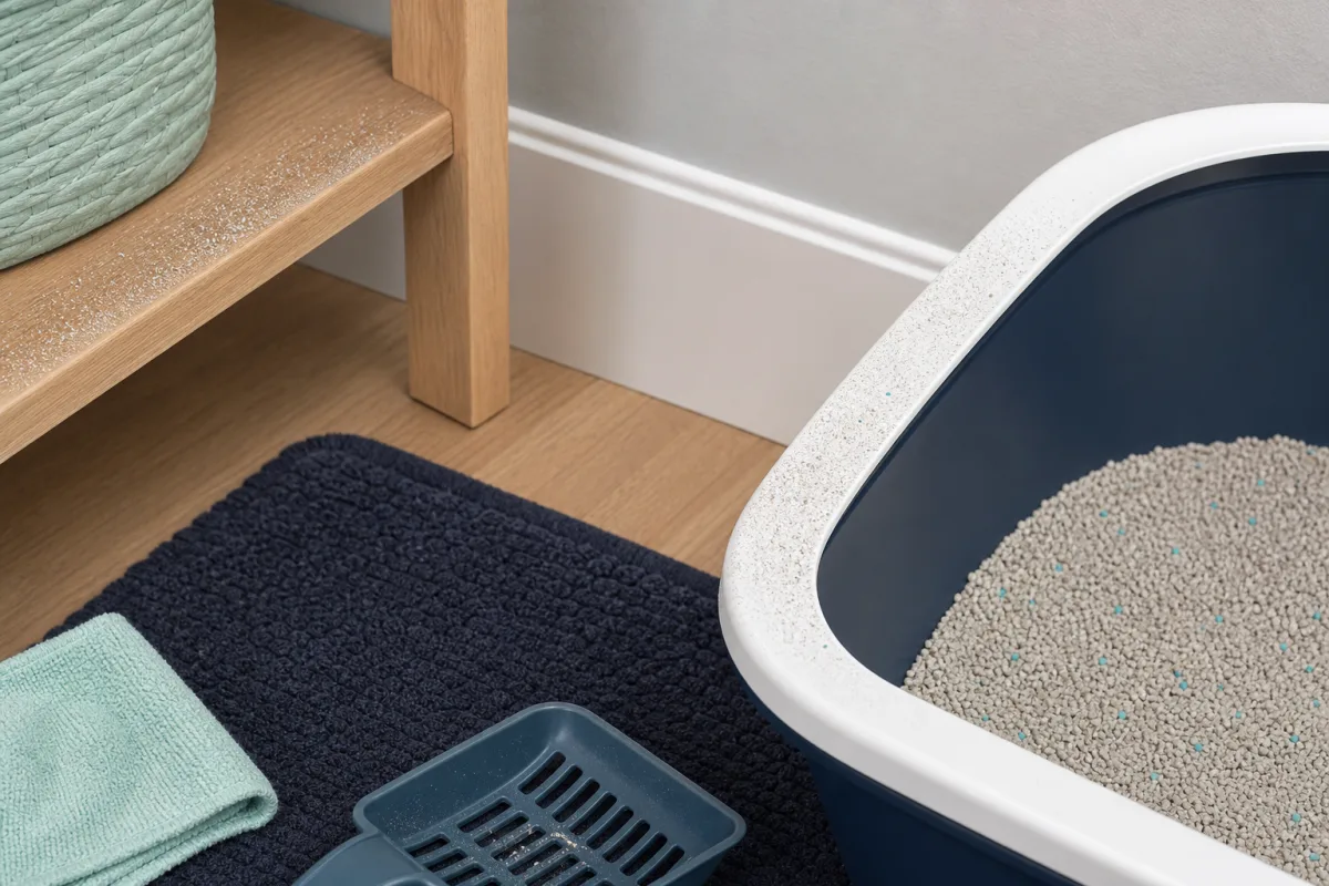Clean litter box rim, mat, scoop, and nearby surfaces arranged for checking dust residue