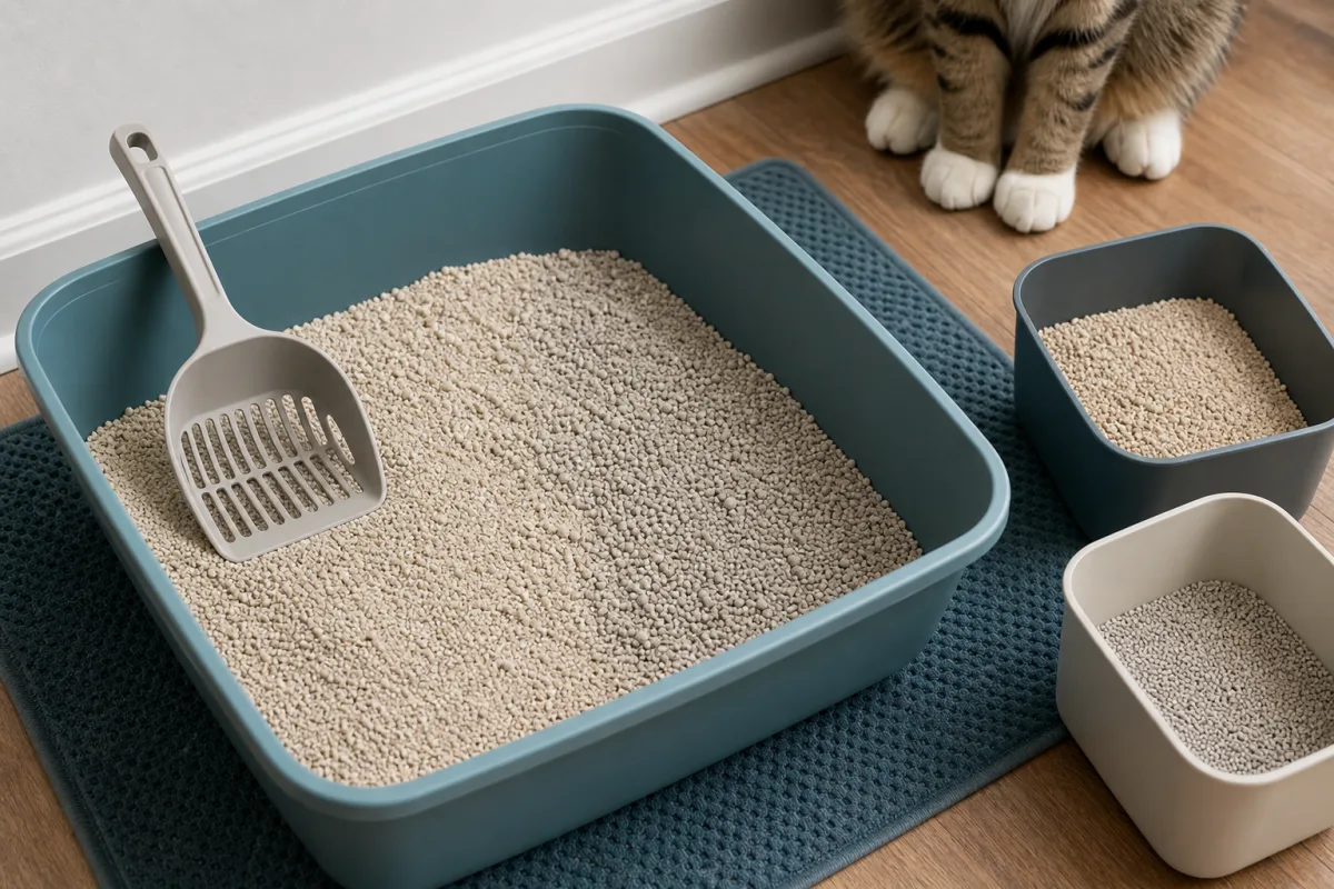 Two clean litter textures being compared in a familiar box setup with scoop and storage nearby