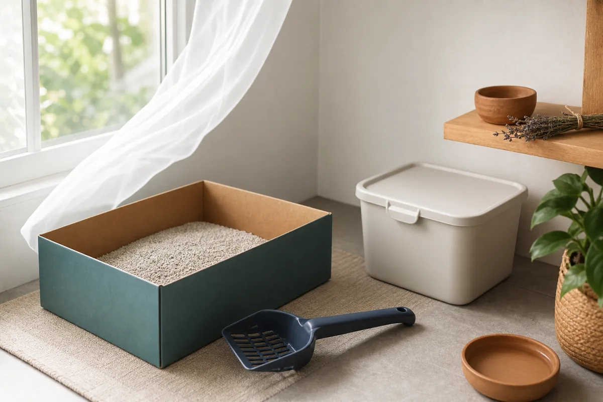 A clean neutral litter setup with good airflow, scoop, storage container, and herbs kept away from the box