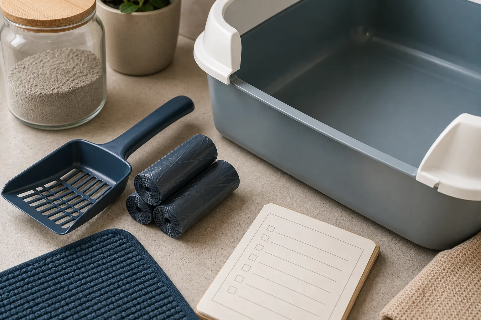 A clean odor troubleshooting setup with a litter scoop, sealed waste bags, a mat, and an empty litter box corner