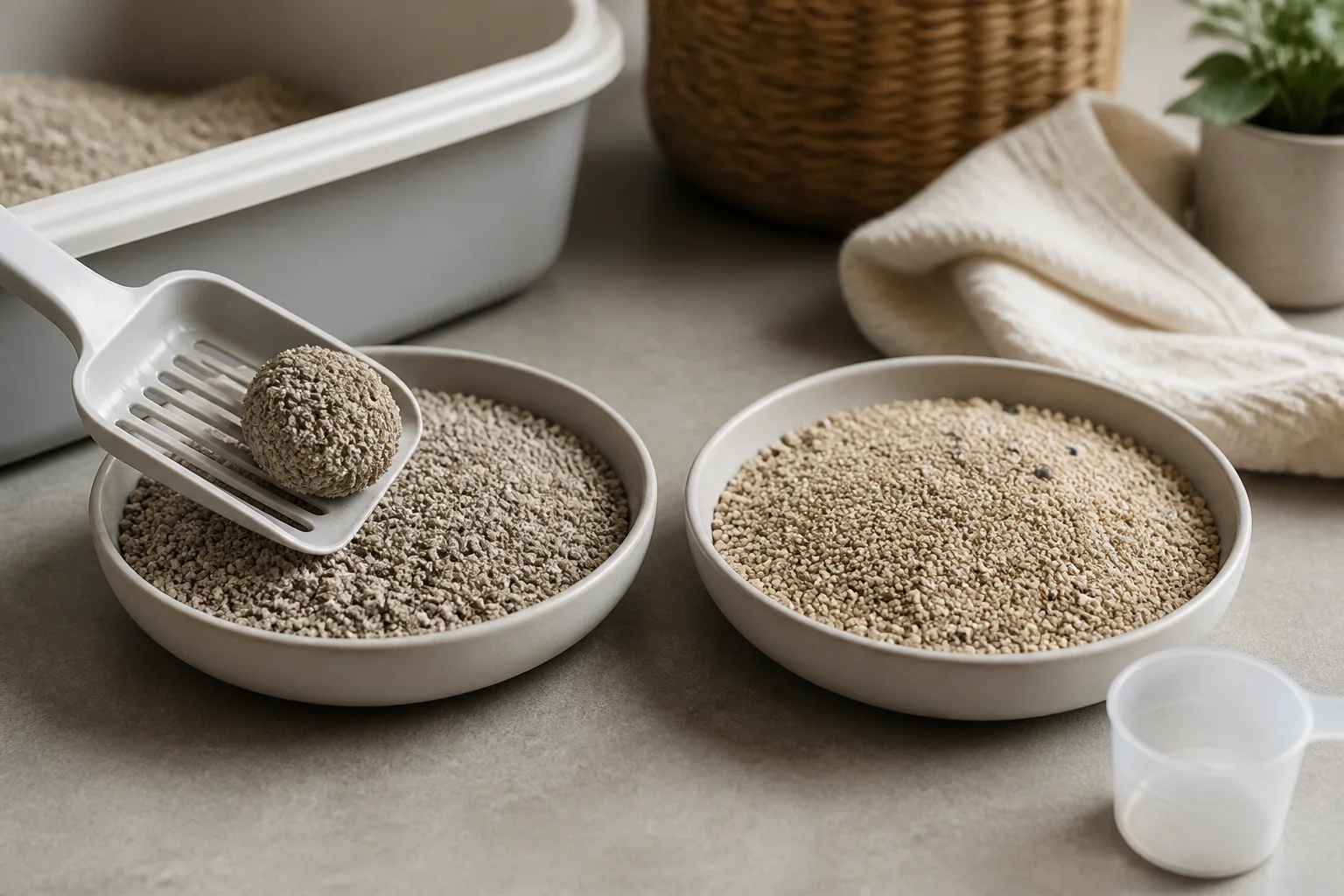 A close-up comparison of clumping litter forming a firm scoopable clump beside loose non-clumping litter granules