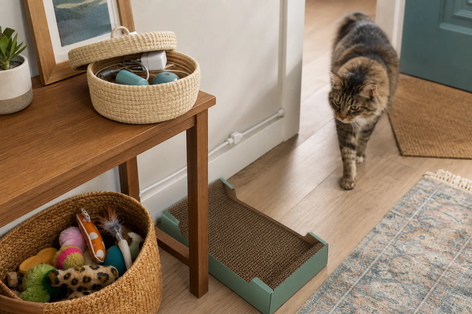 A small apartment reset station with storage baskets, a secured cord run, a scratcher, toys, and a cat walking nearby