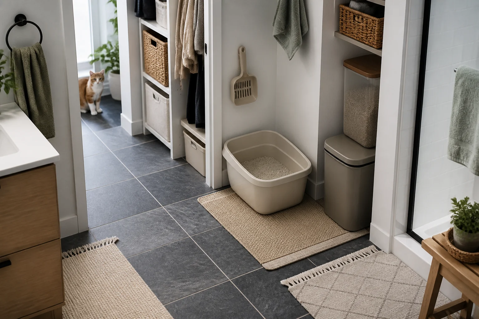 Compact apartment litter setup with storage, sealed waste bin, scoop, and narrow walking clearance