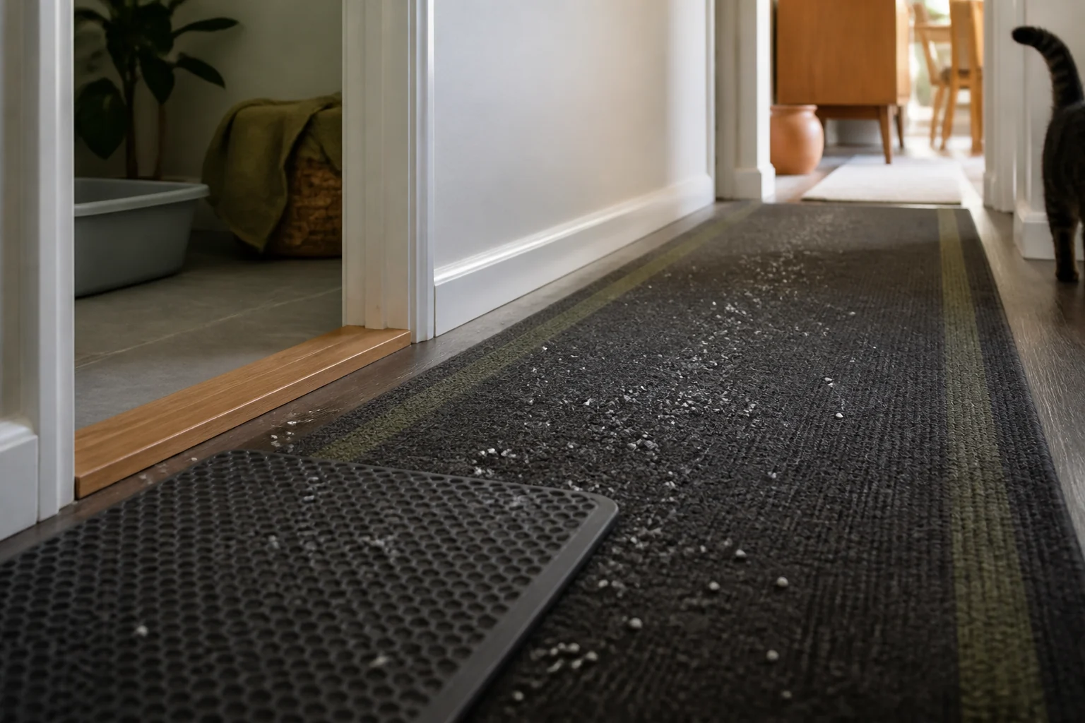 Floor-level view of litter granules tracked along a hallway runner after the litter box exit