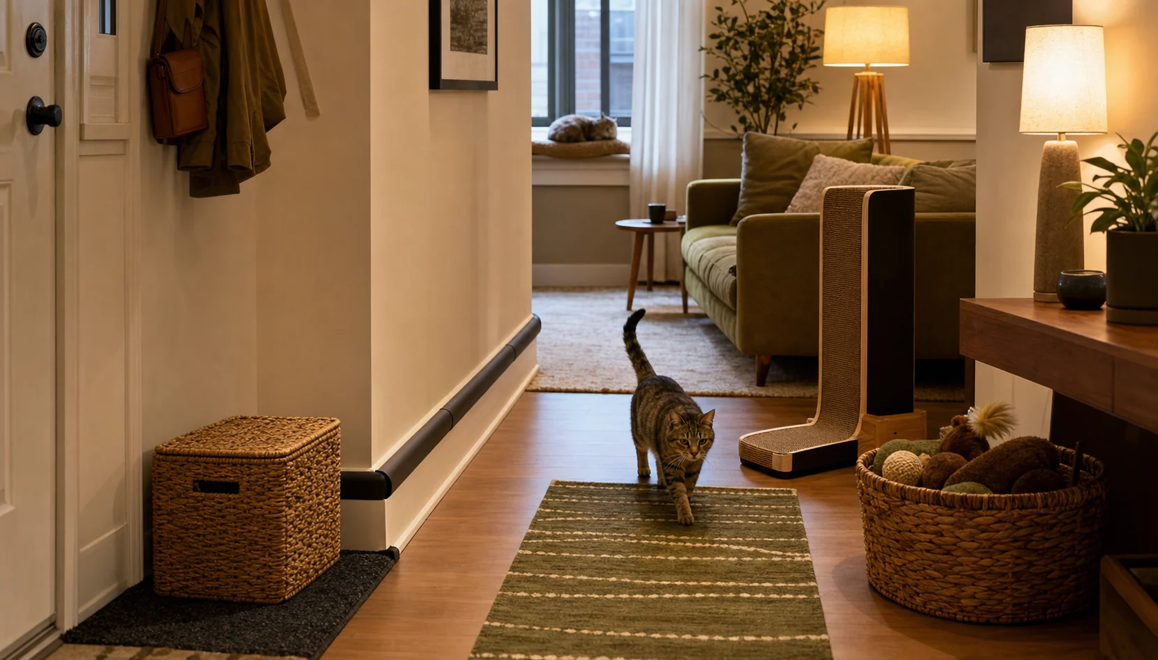 Cat-proof apartment entry route with closed storage, cord covers, scratcher, toy basket, and a cat walking through