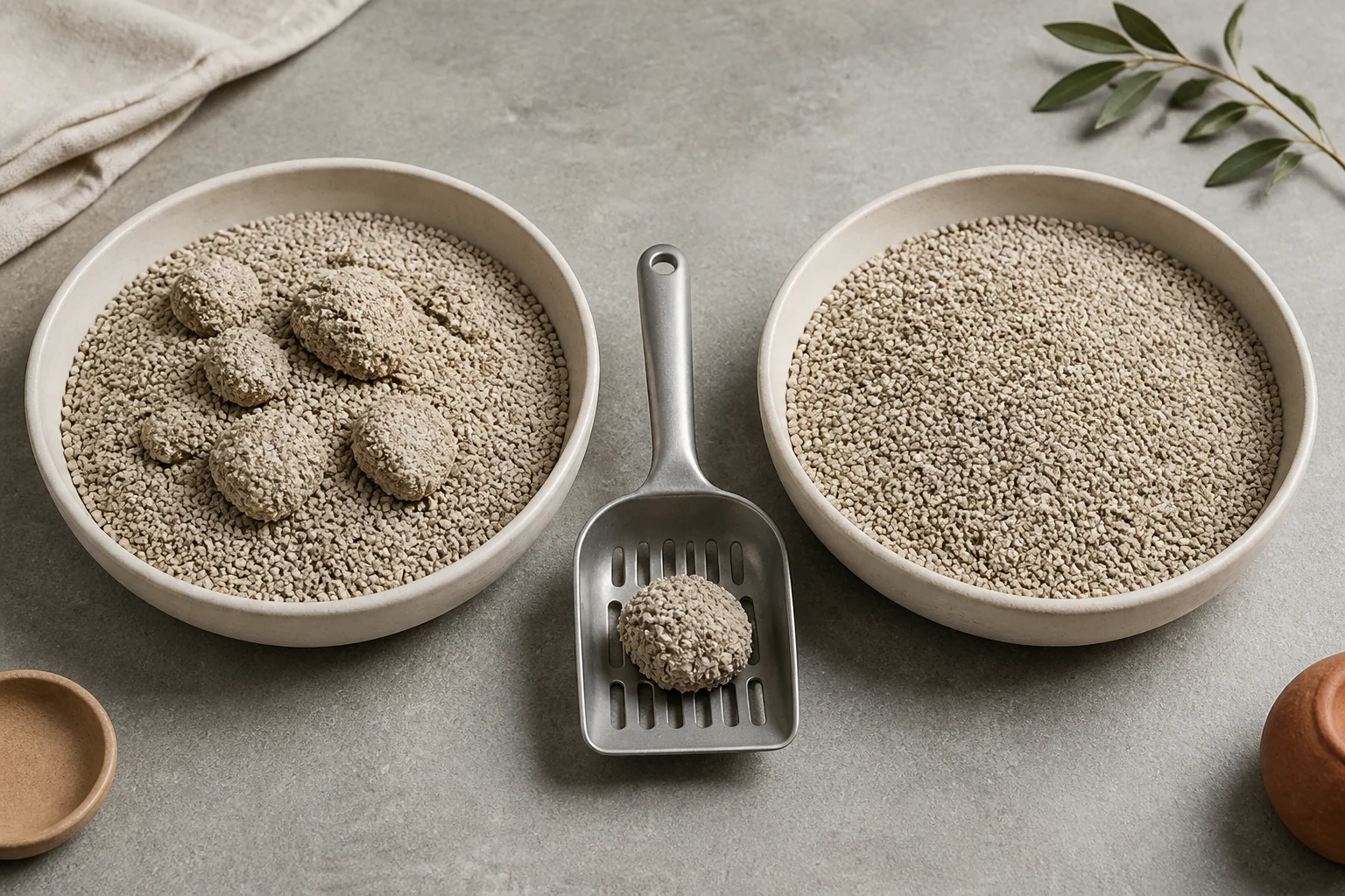 Top-down comparison of firm clumping litter and loose non-clumping granules with a metal scoop