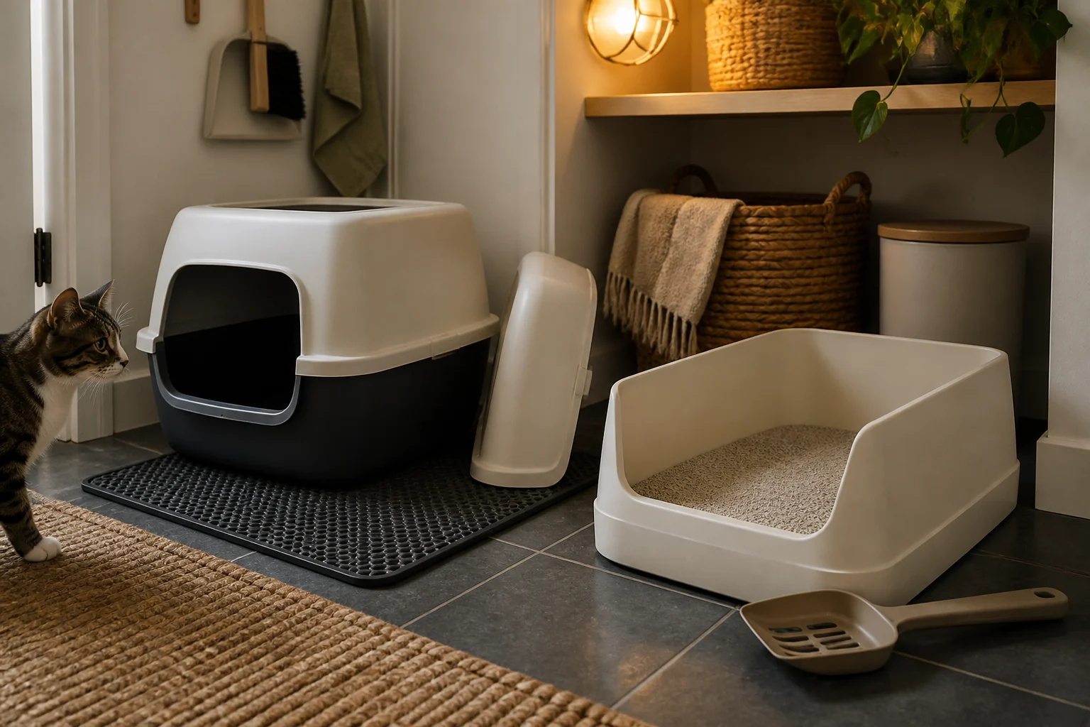 Covered and open litter boxes in a utility nook showing entry space, removable lid, scoop, and cleaning clearance