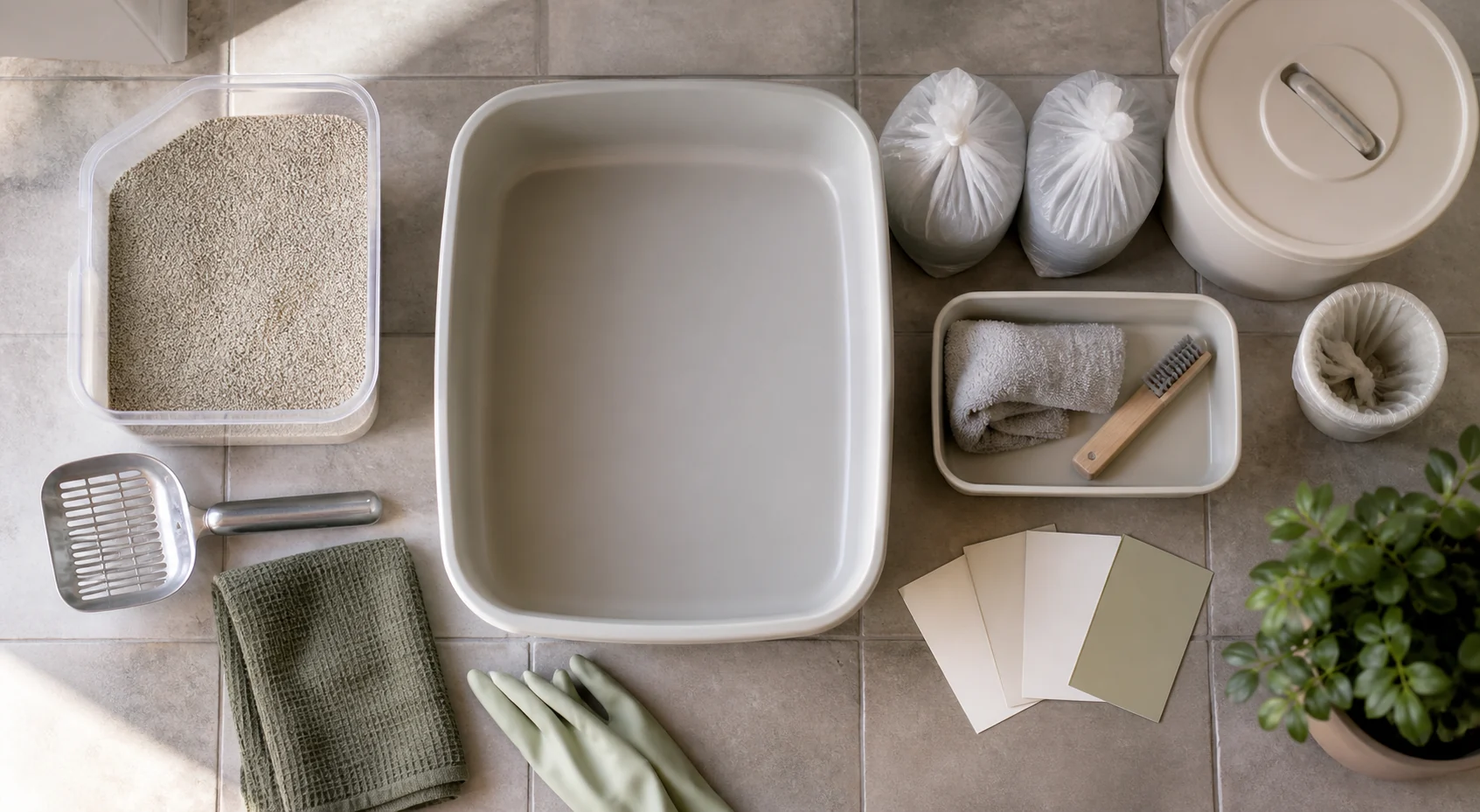 Overhead litter box reset station with a clean box, refill bin, scoop, tied waste bags, cloth, and blank schedule cards