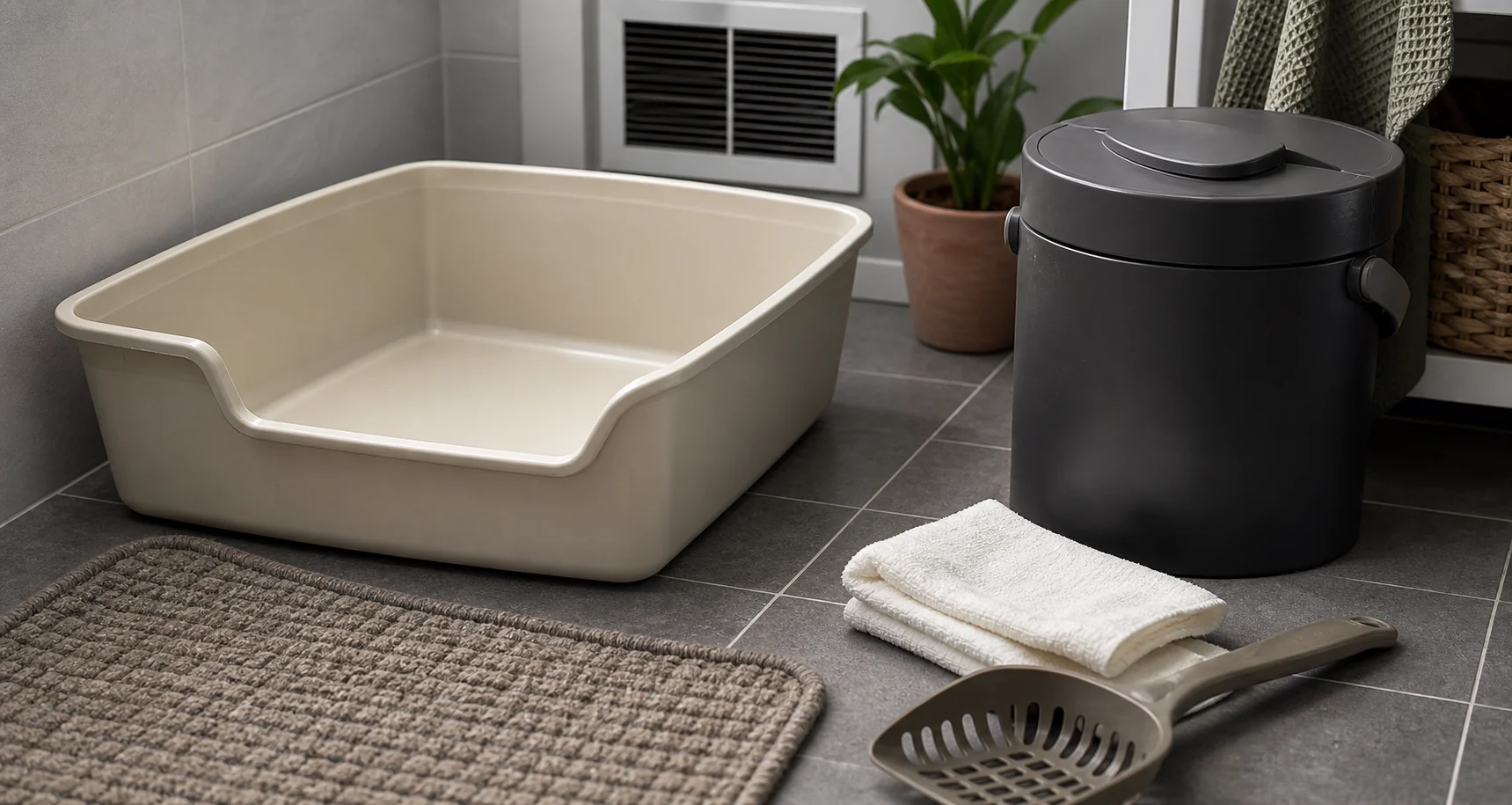 Clean litter box corner, mat edge, sealed waste pail, and cloth set up for odor source diagnosis