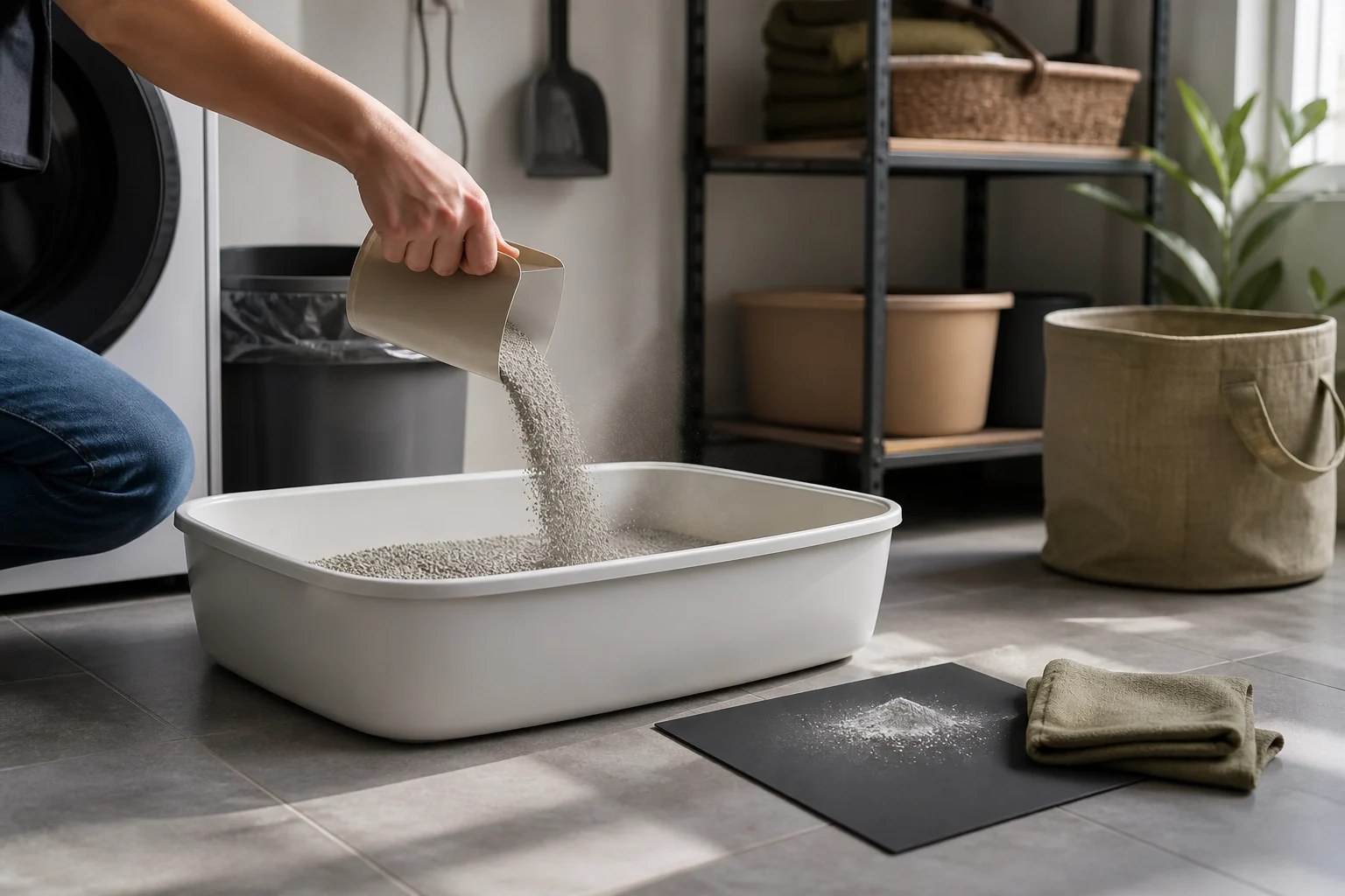 Low-height litter pour test with side light, a dark residue card, cloth, and a white litter box
