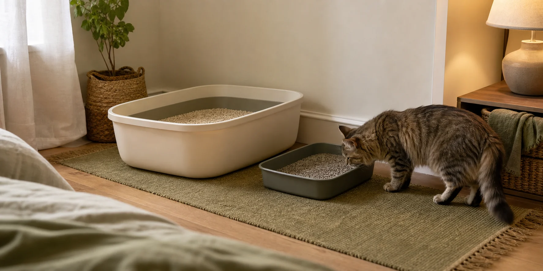 Gradual litter transition setup with a familiar box, smaller test tray, and a cat calmly inspecting the new texture