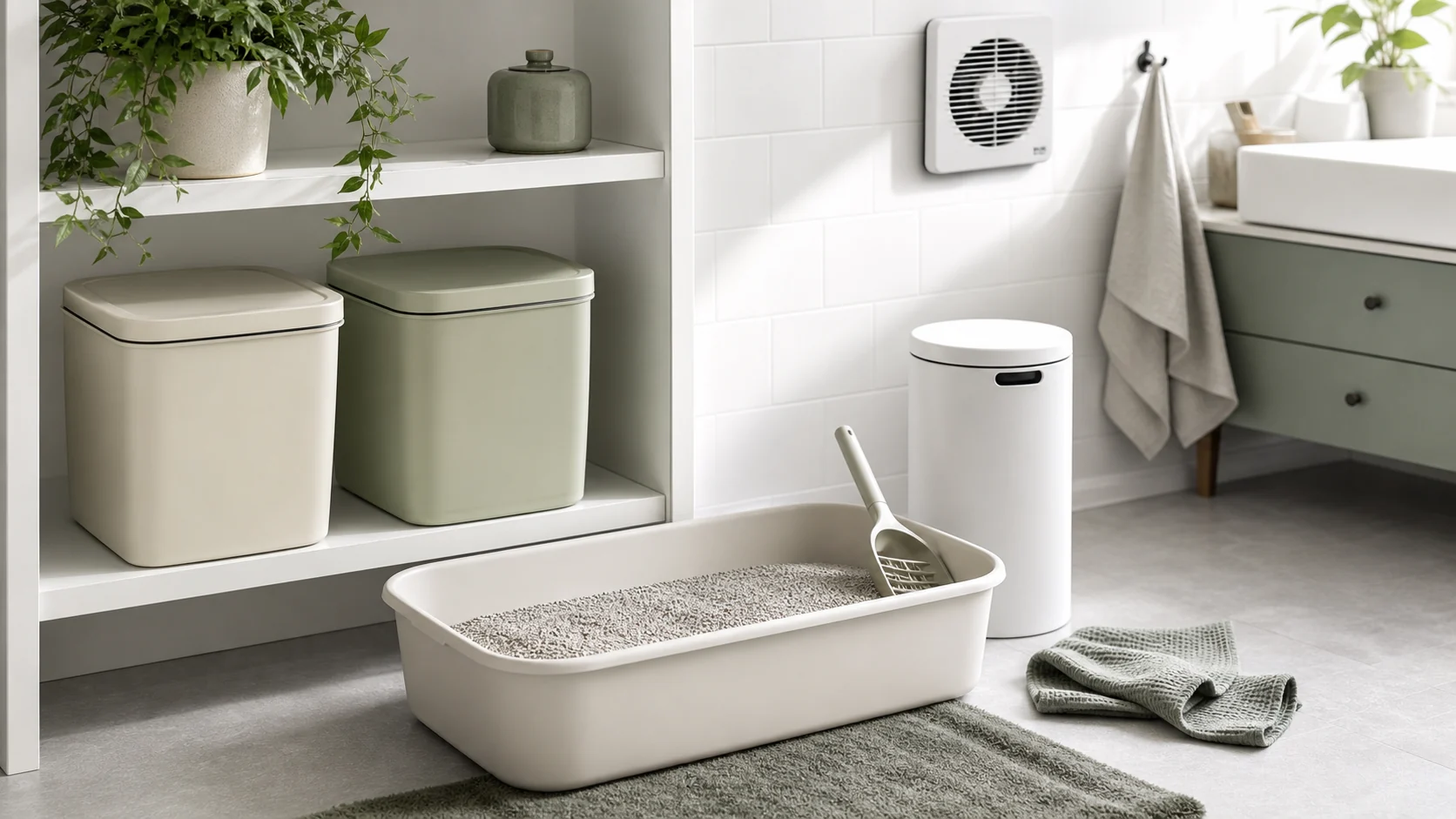 Airy bathroom litter setup with two plain unlabeled containers, a neutral test tray, cloth, and ventilation cue