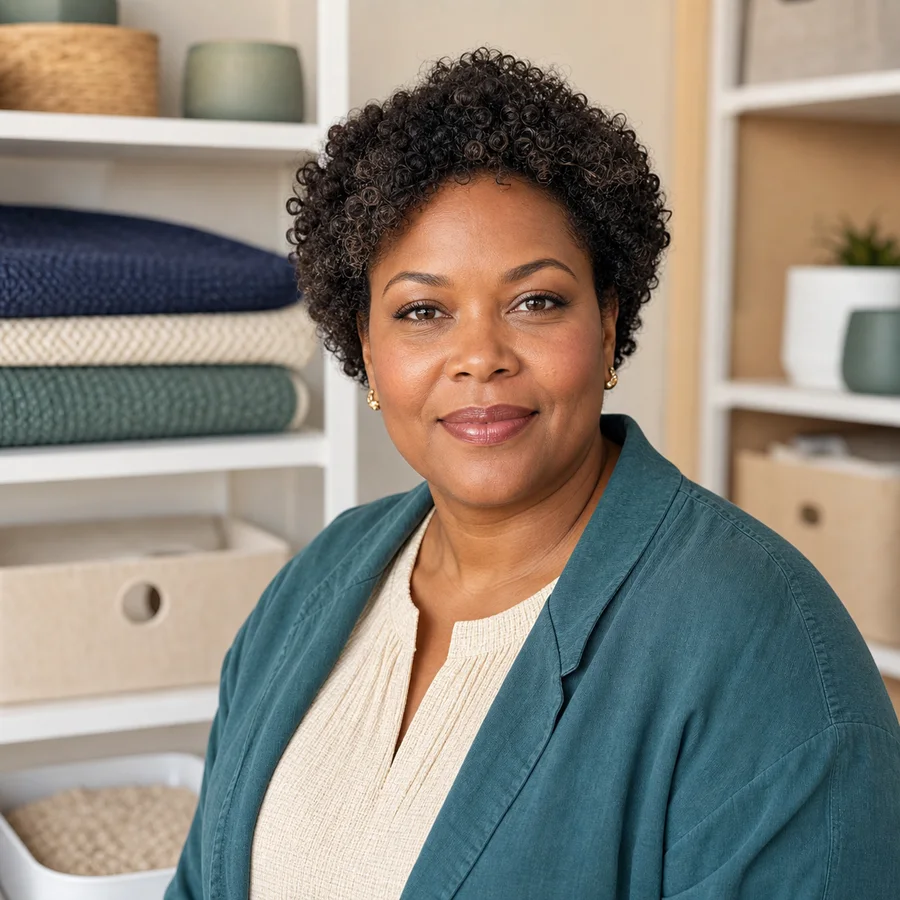 Mira Collins in a product testing workspace portrait