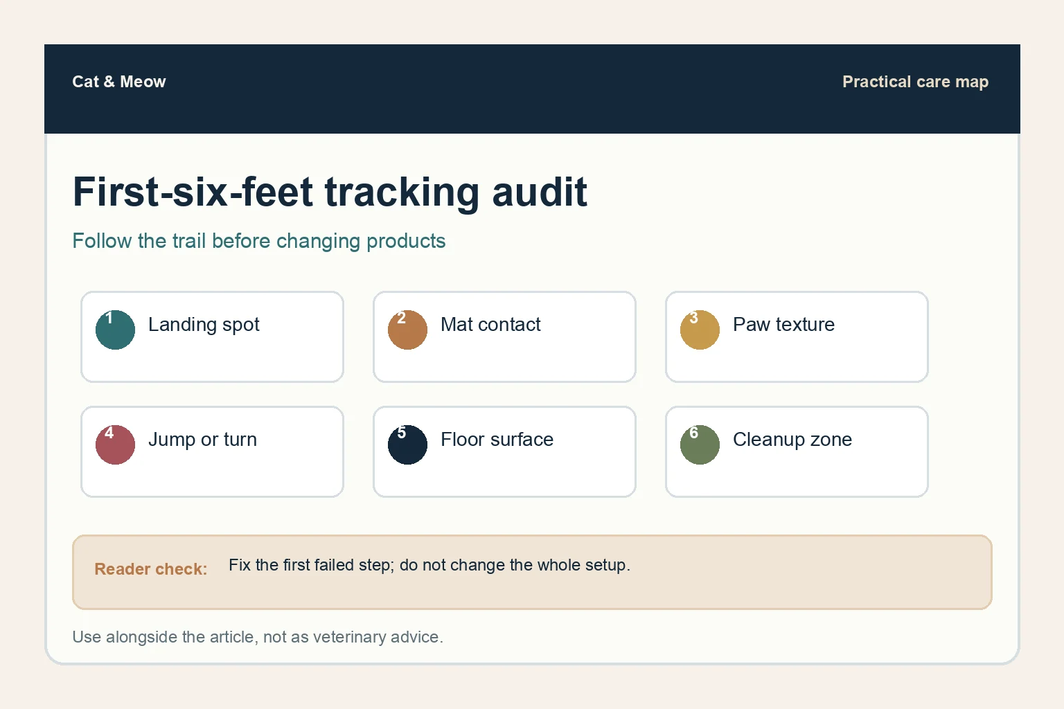 Tracking audit map showing landing spot, mat contact, paw texture, jump behavior, floor surface, and cleanup zone