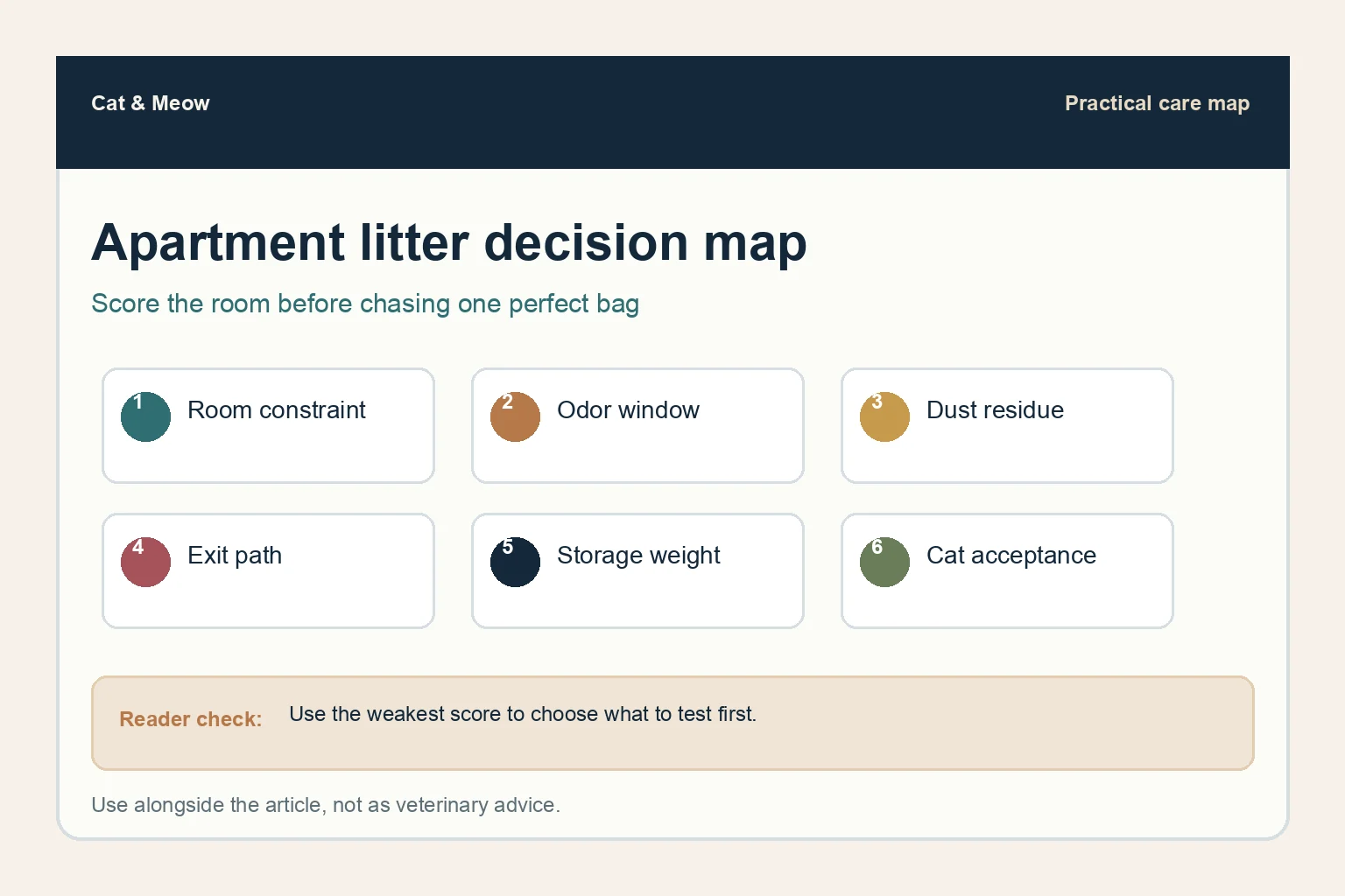 Decision map for choosing apartment cat litter by room constraint, odor, dust, tracking, storage, and cat acceptance