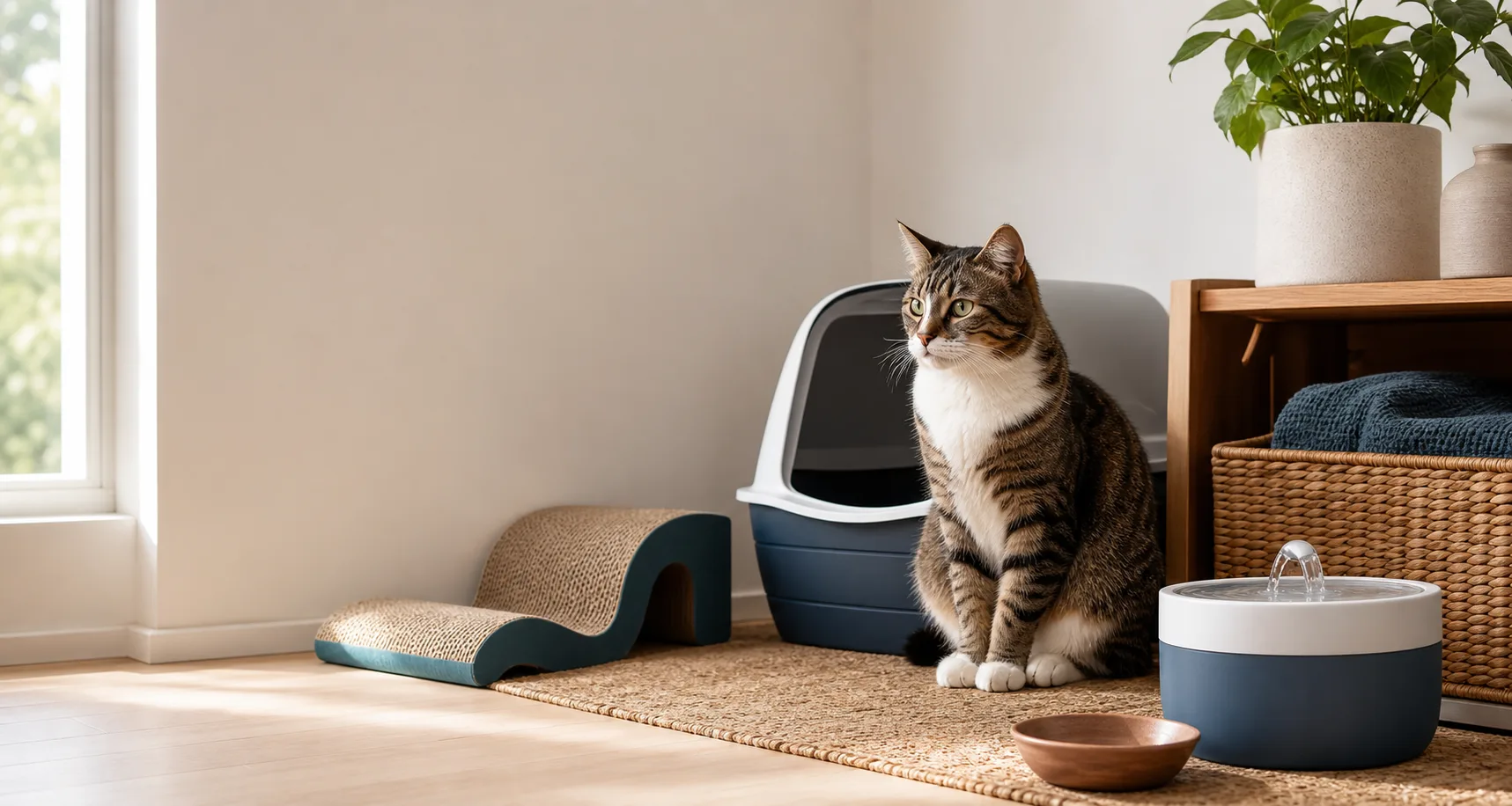 A calm home cat care station with bowls, notes, and everyday supplies