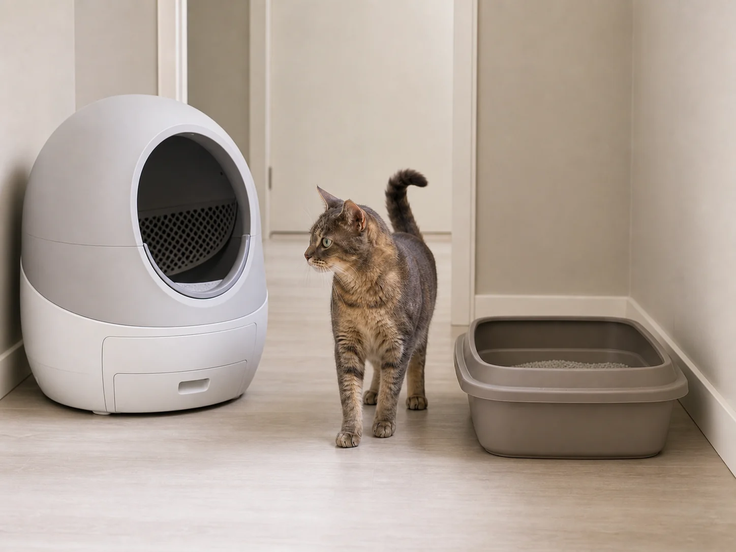 Cat calmly choosing between an automatic litter box and a simple backup litter tray during a slow transition