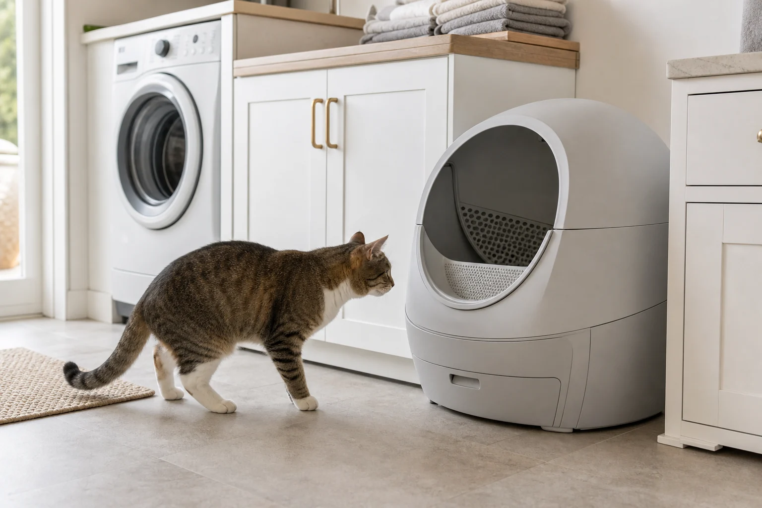 Cat approaching a generic automatic litter box in a clean compact home laundry nook