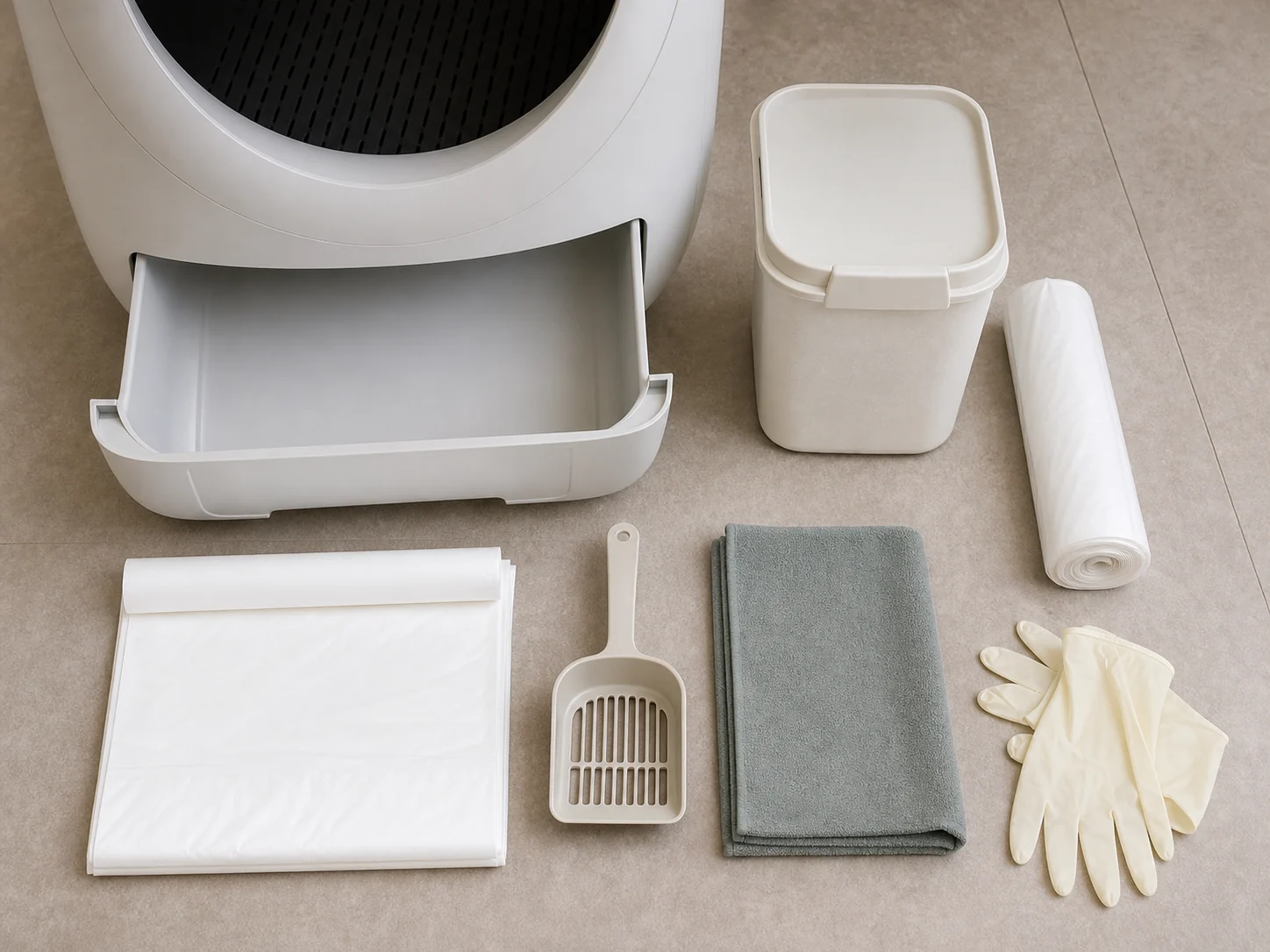 Automatic litter box maintenance setup with a waste drawer liner, scoop, cloth, refill container, and sealed trash bag