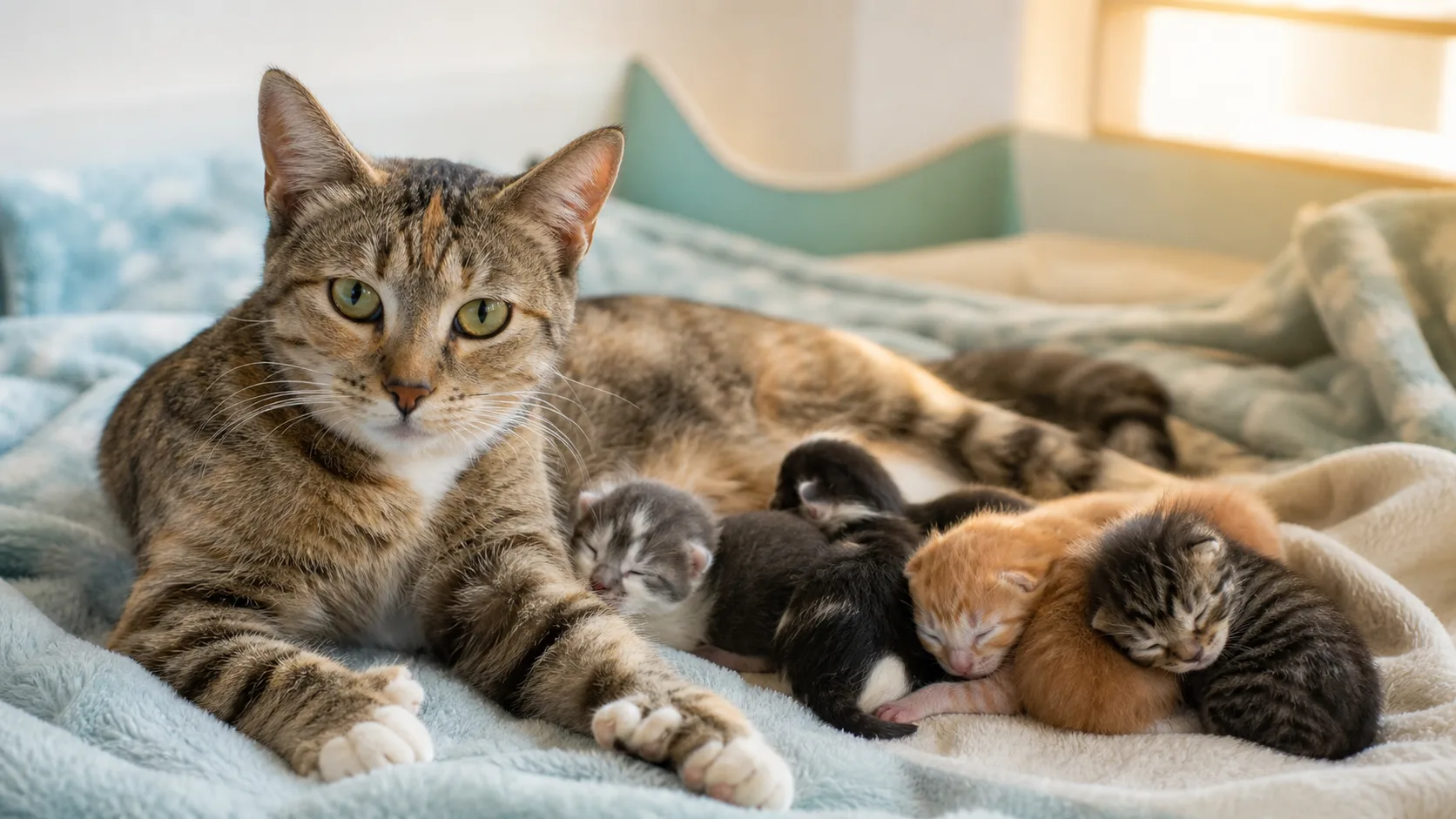 Editorial illustration of a calm mother cat resting beside a litter of kittens on soft nursery blankets
