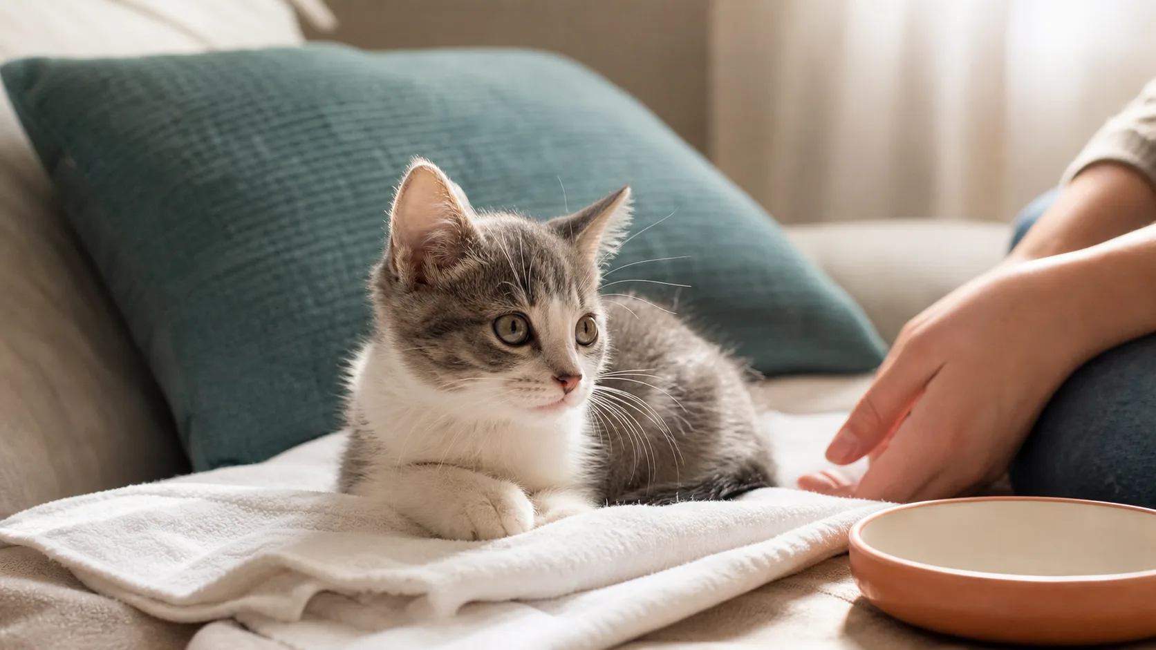 Editorial illustration of a gray and white kitten resting on a soft blanket near a caregiver's hand