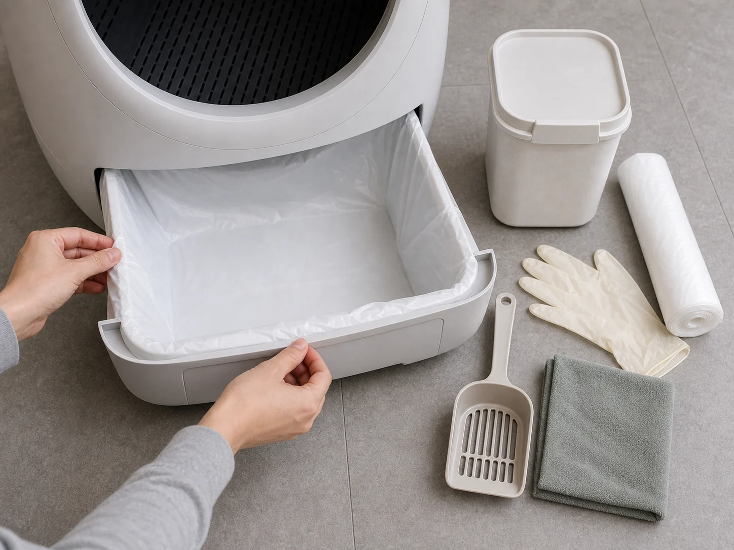 Clean self-cleaning litter box waste drawer with liner, gloves, scoop, cloth, and sealed waste bag arranged for weekly maintenance
