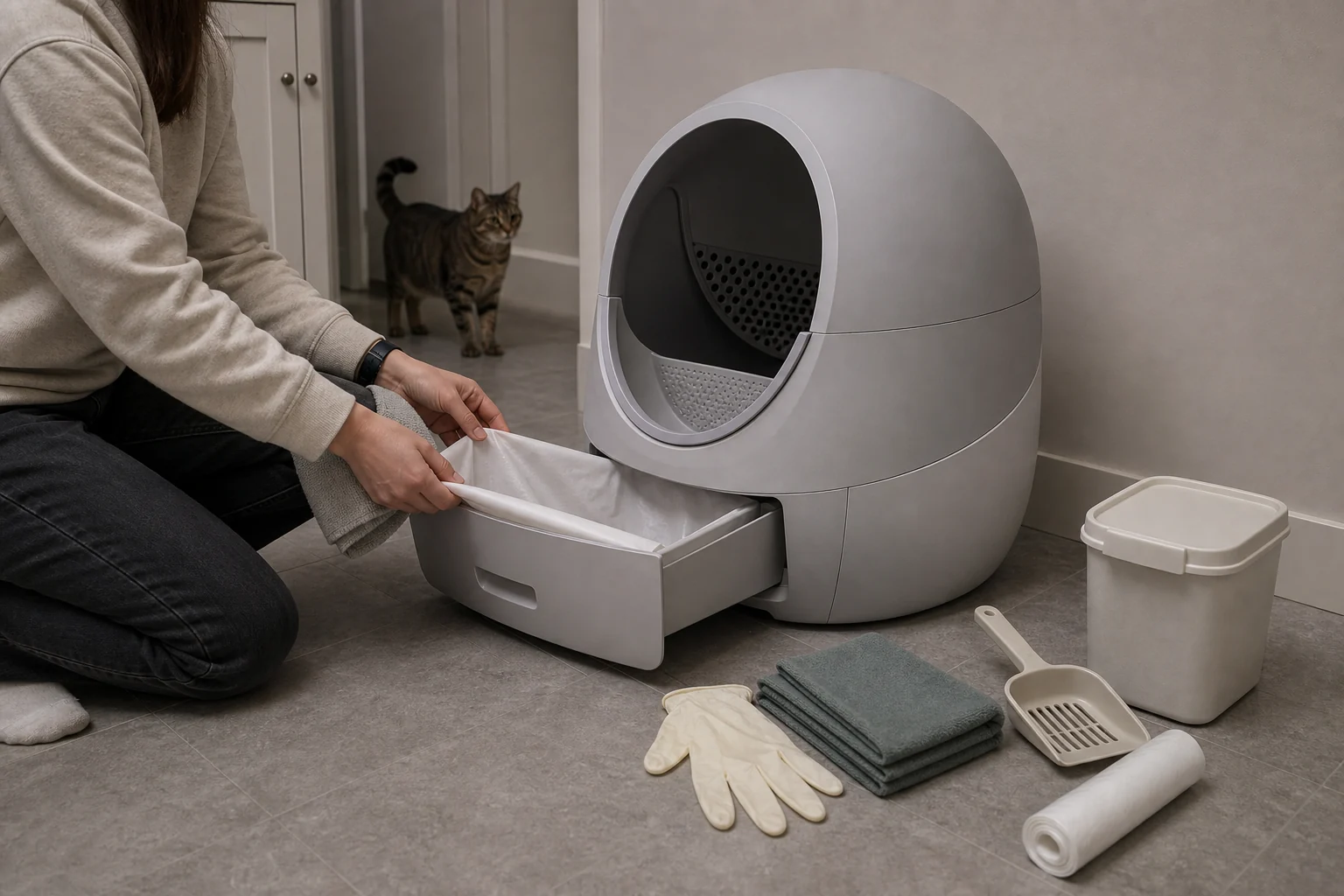 Owner checking the waste drawer of a generic self-cleaning litter box while a cat waits nearby