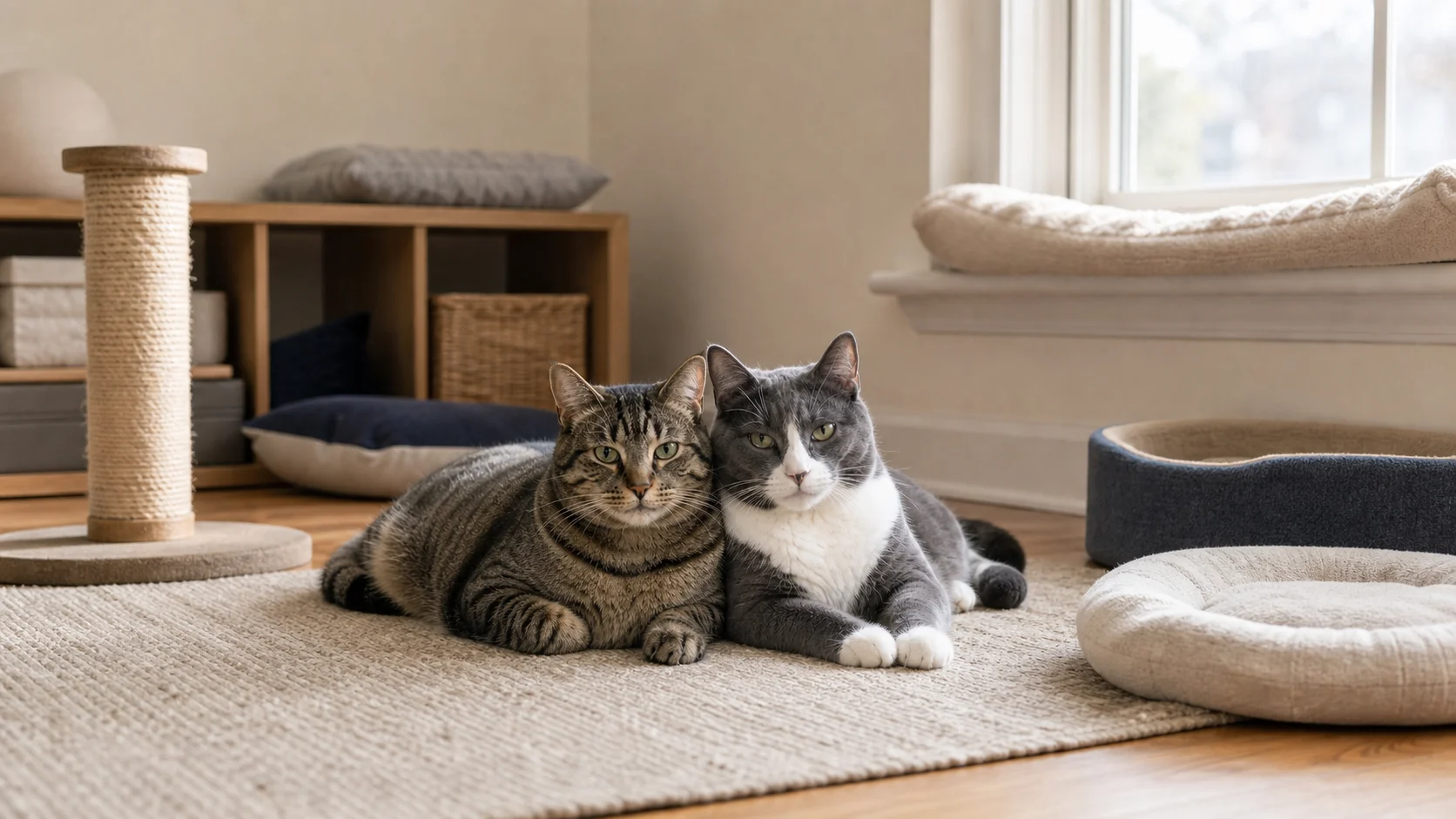 Editorial illustration of two bonded adult cats resting together in a small apartment with safe paths, resting spots, and a scratch post