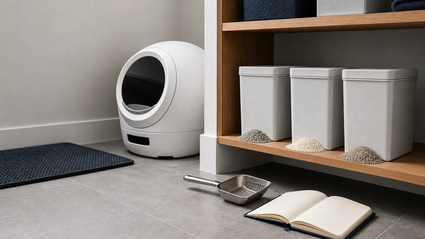 Generic automatic litter box beside unbranded litter containers, scoop, and notebook in a utility room shelf setup