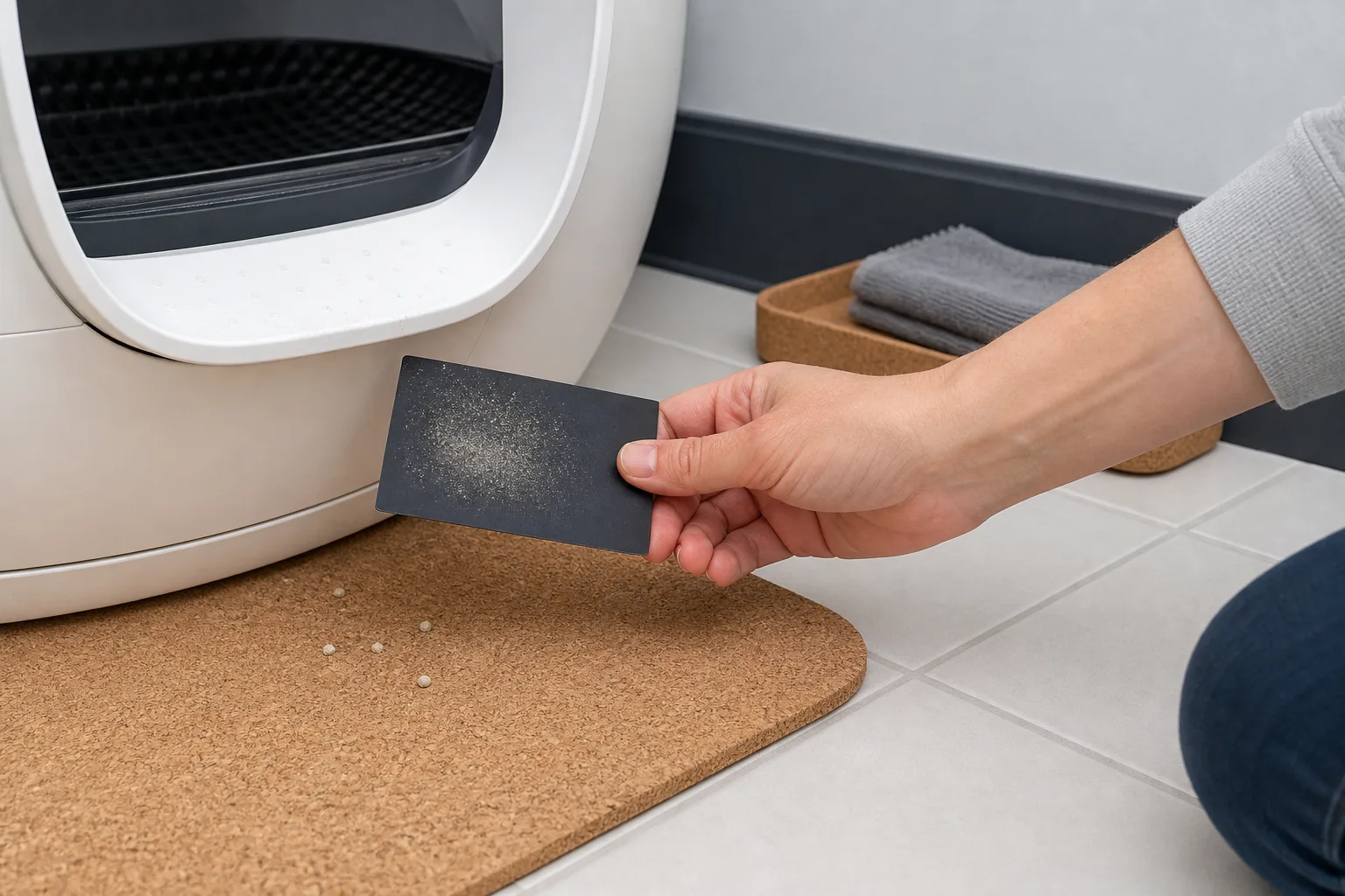 Hand holding a dark inspection card with pale dust residue near the entrance of a generic automatic litter box and cork mat