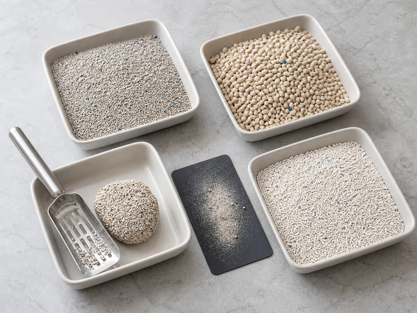 Clean sample trays comparing different cat litter granule sizes, a formed clump, a scoop, and dust residue on a dark card