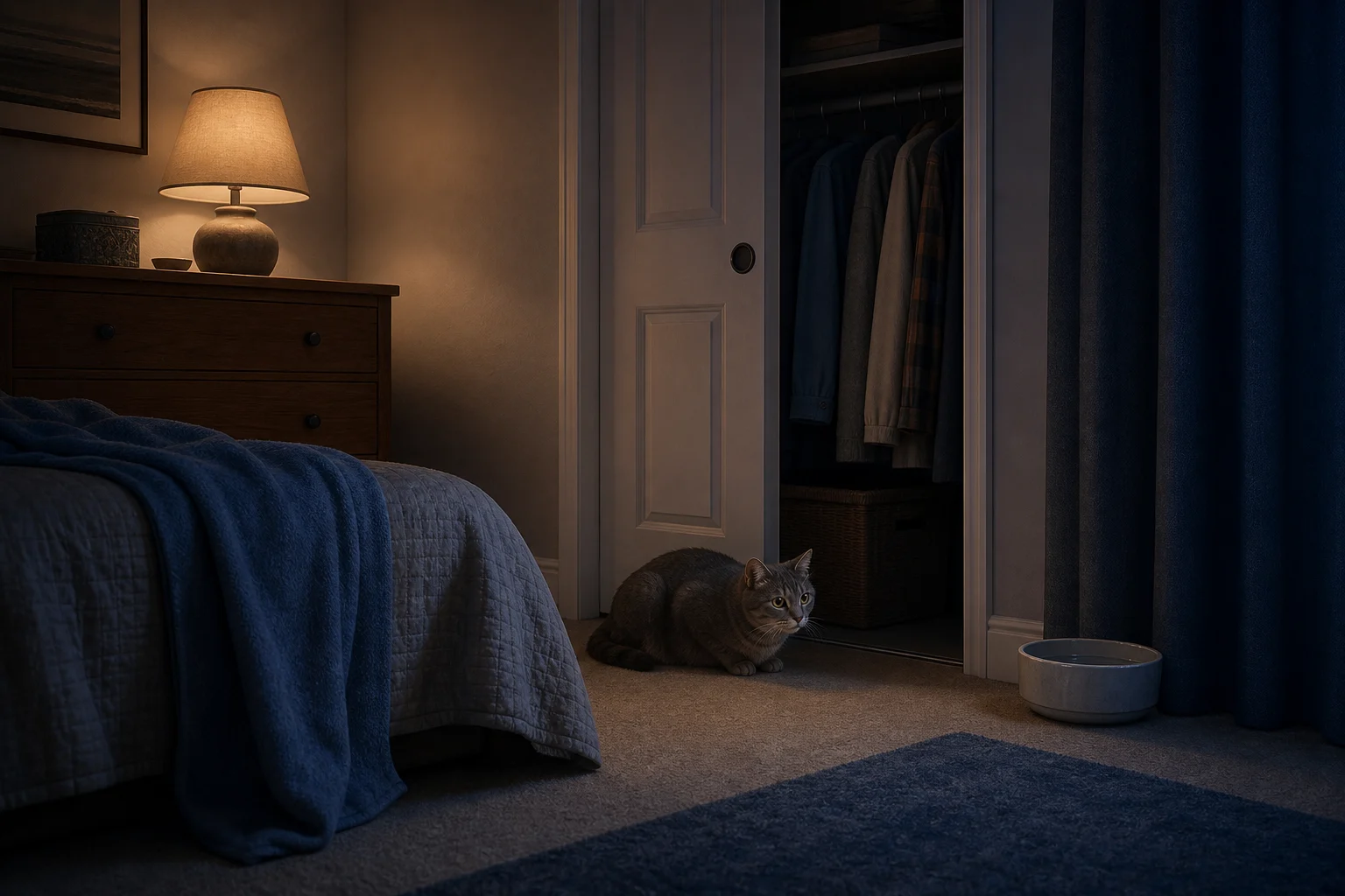 Editorial illustration of a gray cat resting near a quiet bedroom closet after fireworks, with closed curtains, a blanket, and water nearby