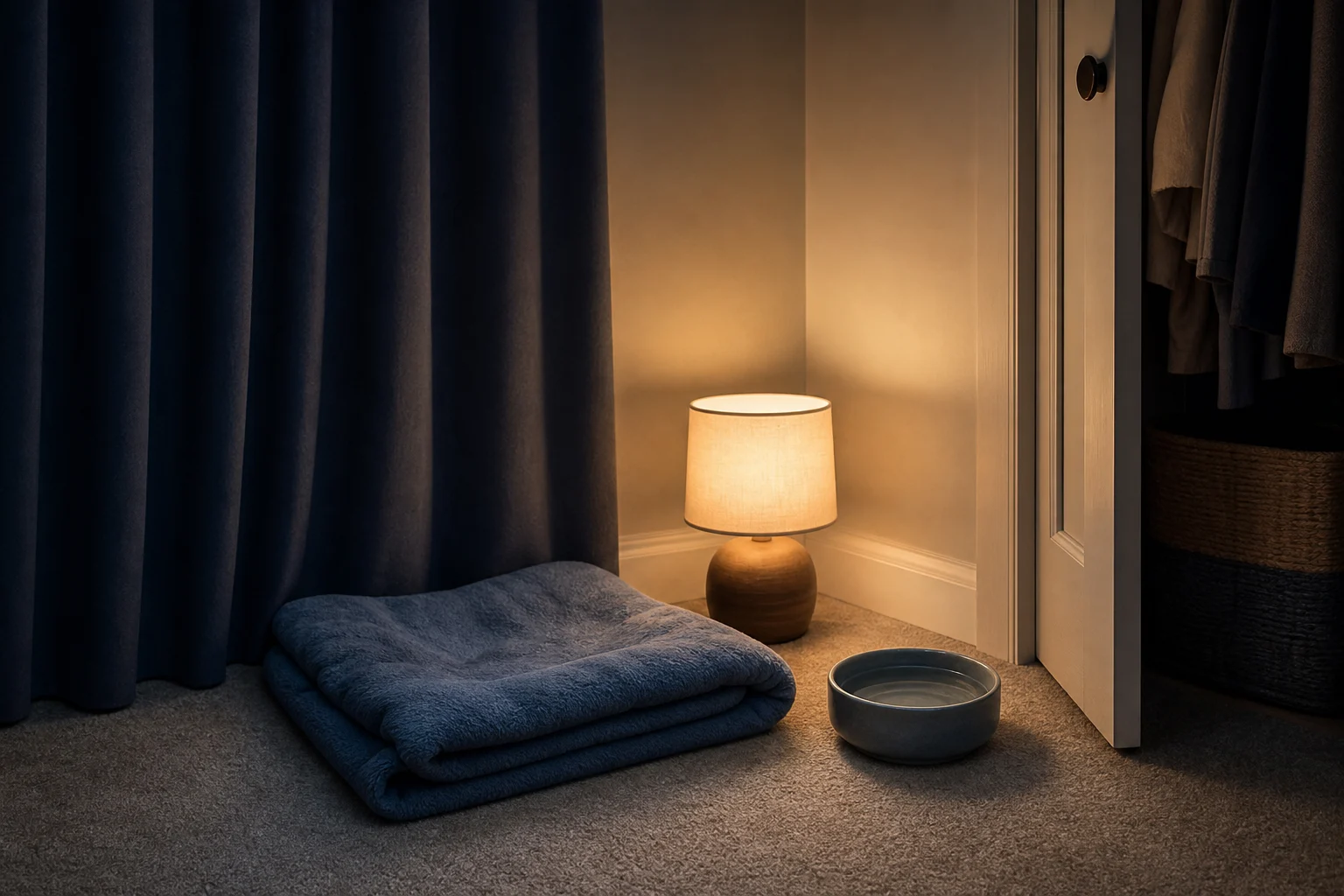 A quiet bedroom corner prepared for a cat after fireworks, with a closed curtain, water bowl, soft blanket, and a closet door left partly open