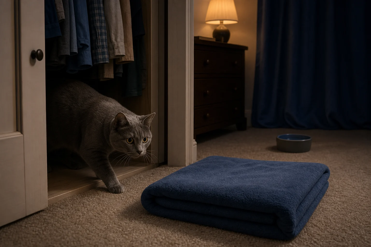 A gray cat cautiously stepping out from a partly open closet toward a folded blanket after a loud night
