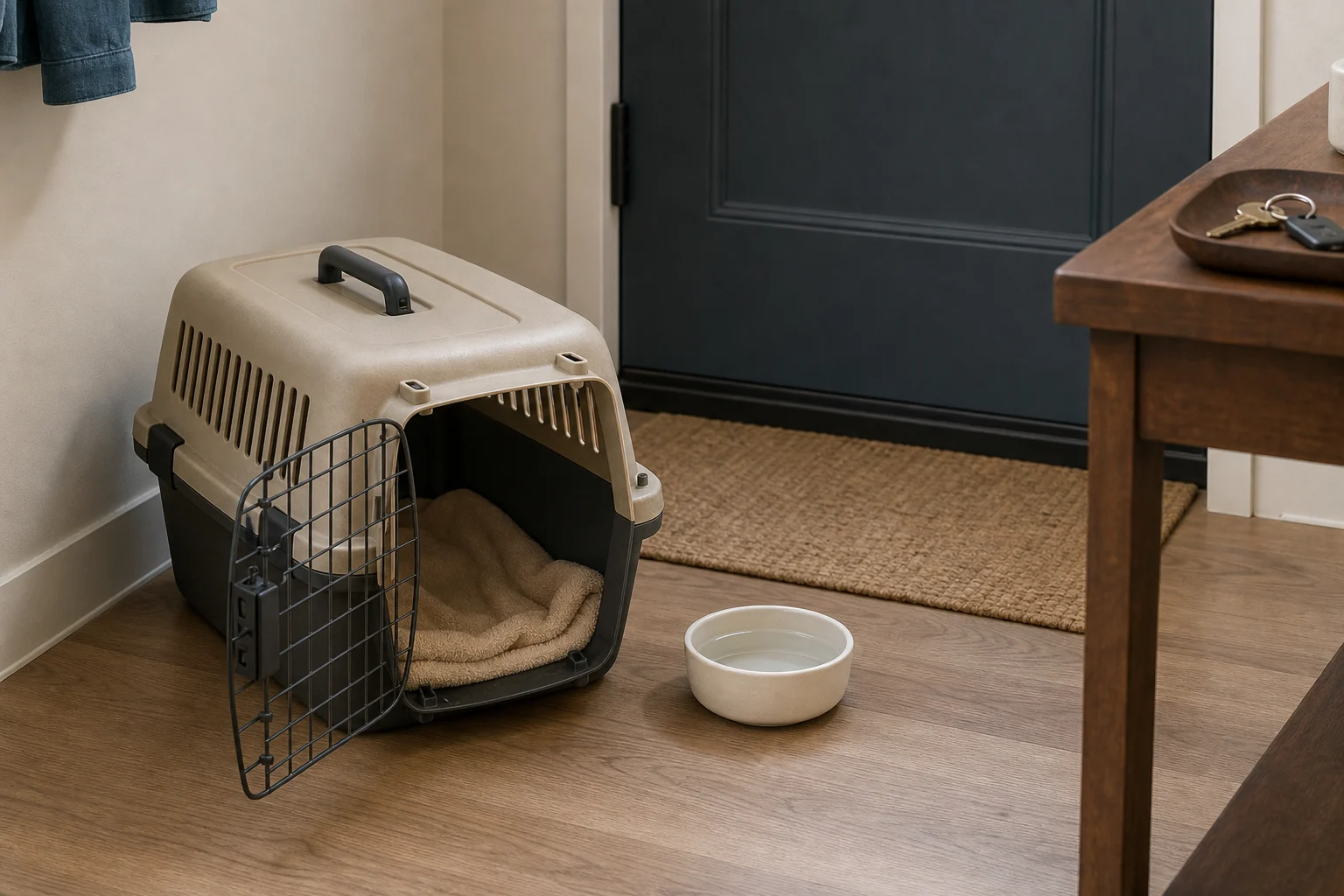 A cat carrier left open by an apartment door with a soft towel inside, a water bowl nearby, and no cat being forced toward it