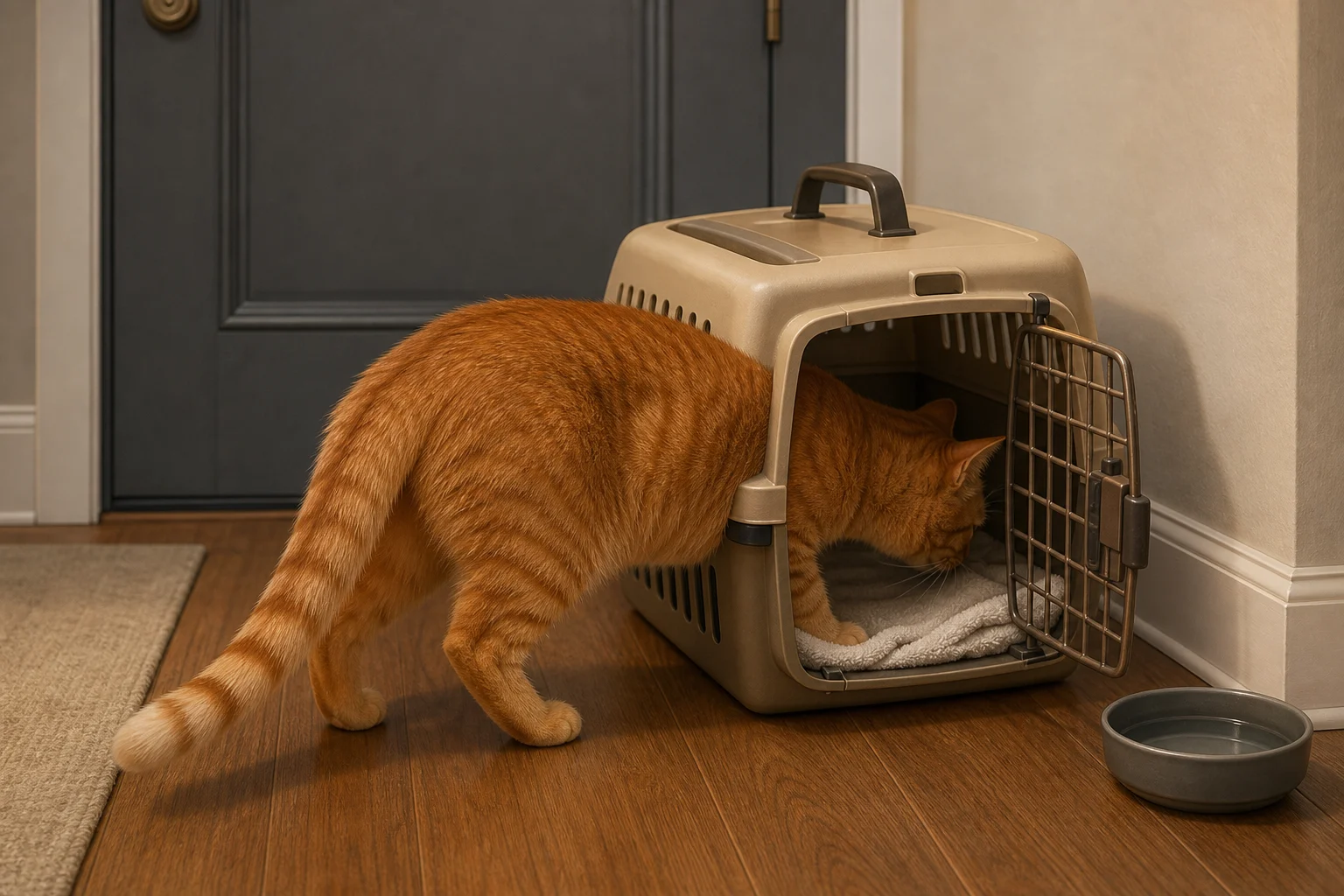 An orange cat cautiously sitting halfway inside an open carrier while the carrier stays on the floor near the door