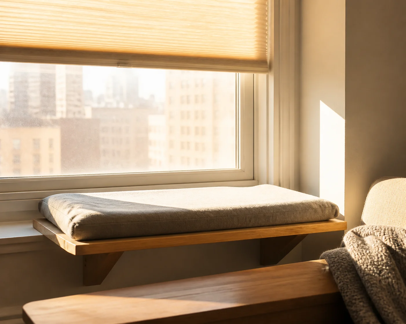 A warm apartment window perch in summer with the cushion left empty and sunlight falling across the sill