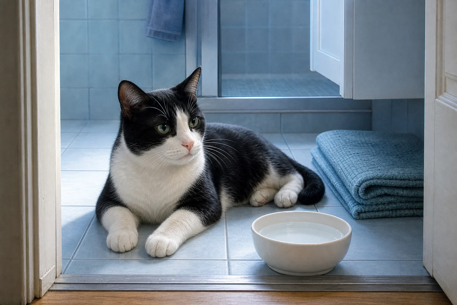 A black and white cat lying on cool bathroom tile near a clean water bowl and folded bath mat on a summer afternoon