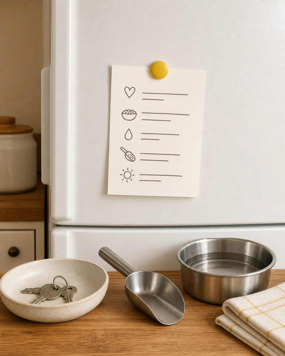 A simple handwritten cat sitter note on a refrigerator beside keys, a feeding scoop, and a clean water bowl