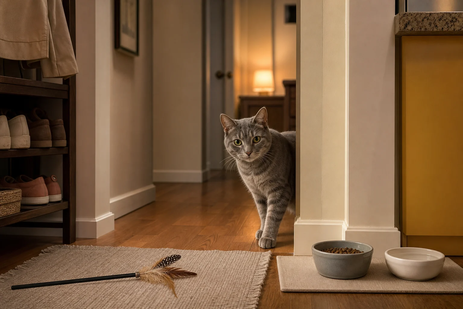 A gray cat watching from a hallway while a feather wand rests on the rug and fresh food and water sit nearby