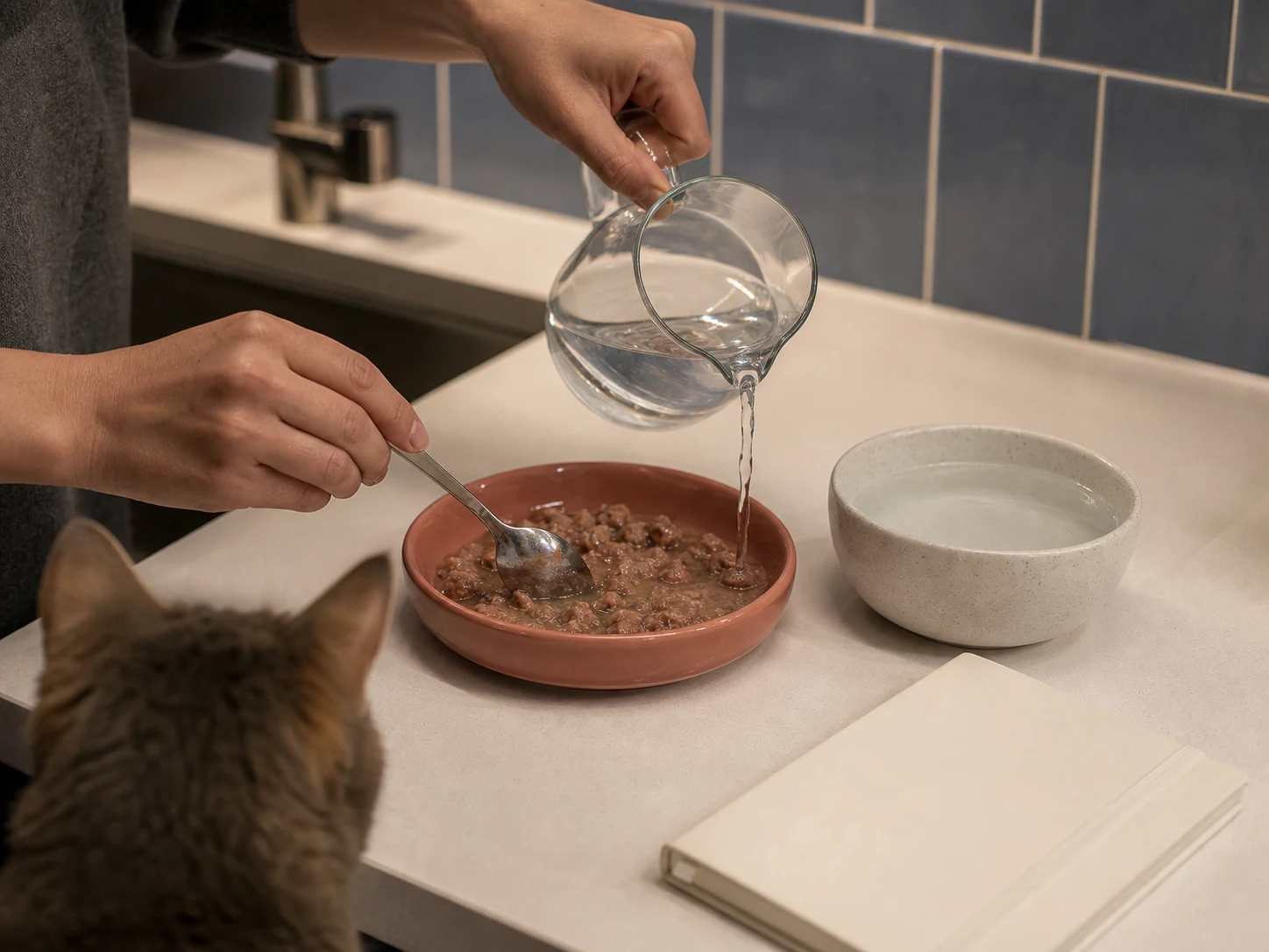 Hand mixing a little plain water into wet cat food beside a clean ceramic water bowl