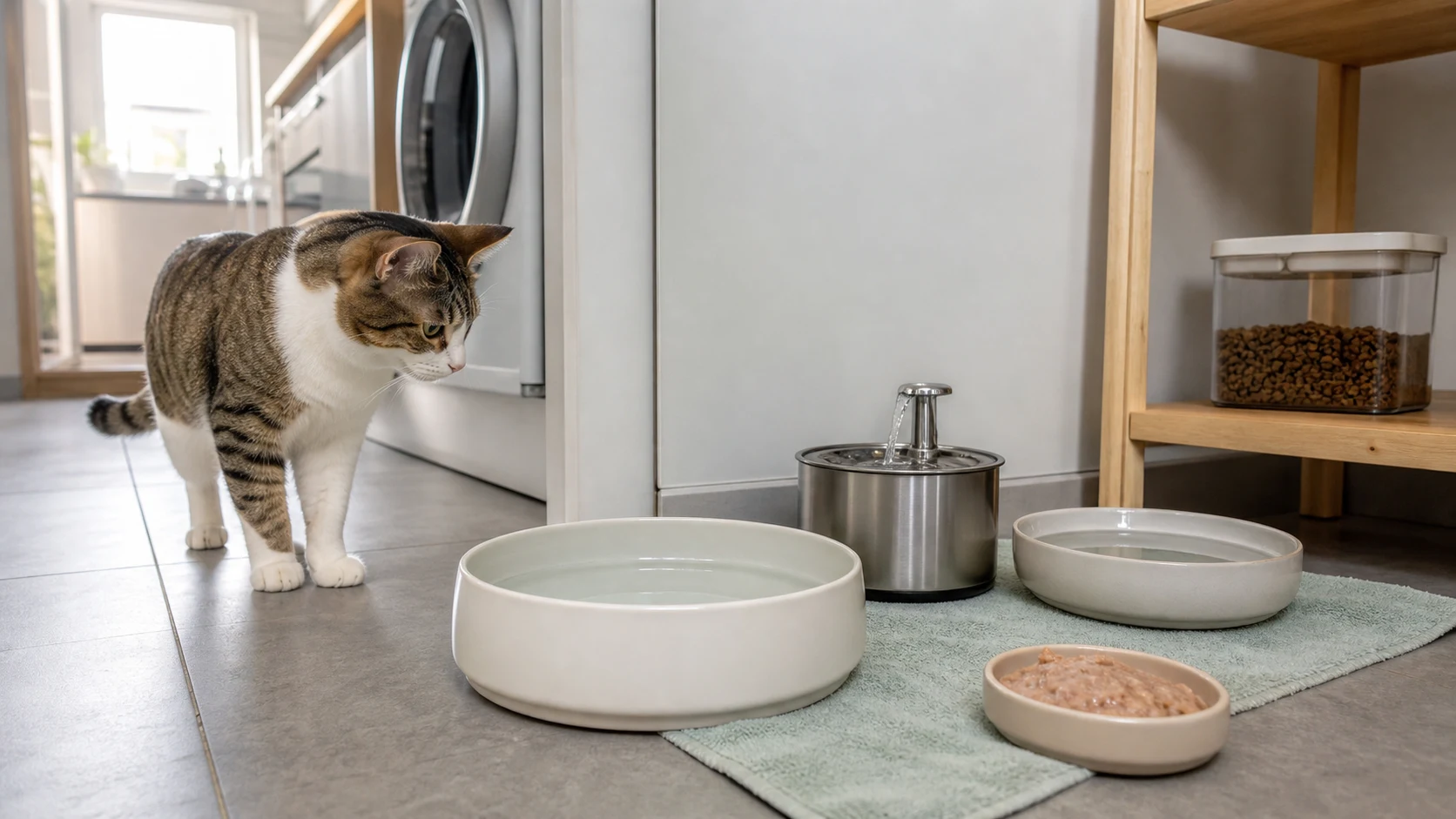 Cat approaching a home hydration station with a ceramic bowl, stainless fountain, second water bowl, and wet food dish
