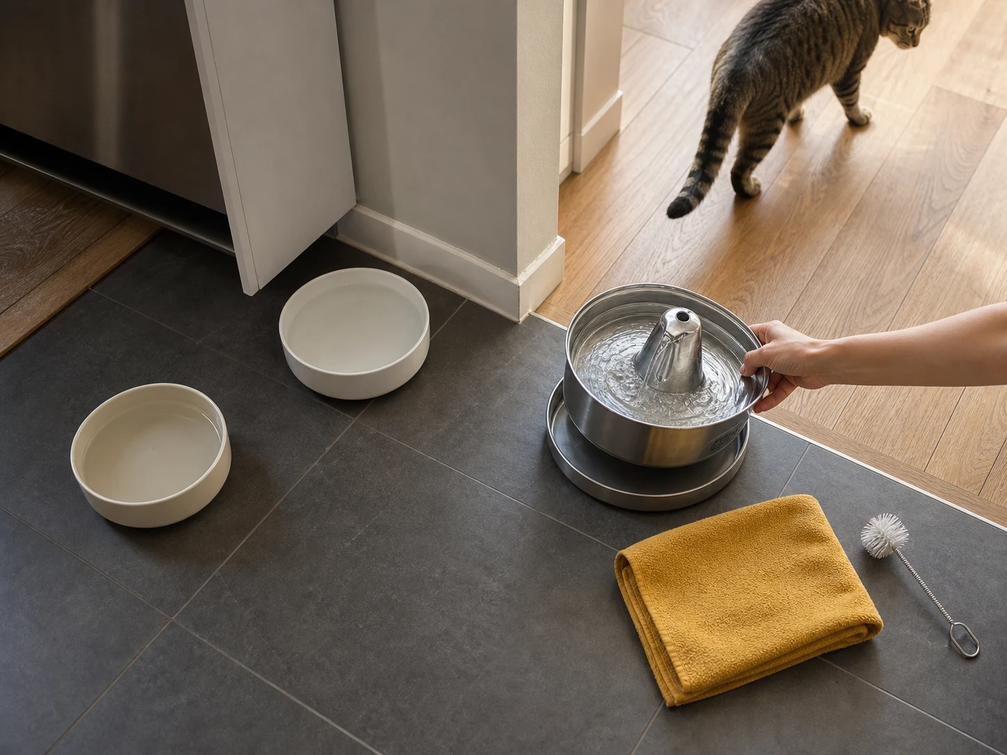 Two shallow cat water bowls and a stainless fountain being lifted for cleaning in an apartment hallway water station