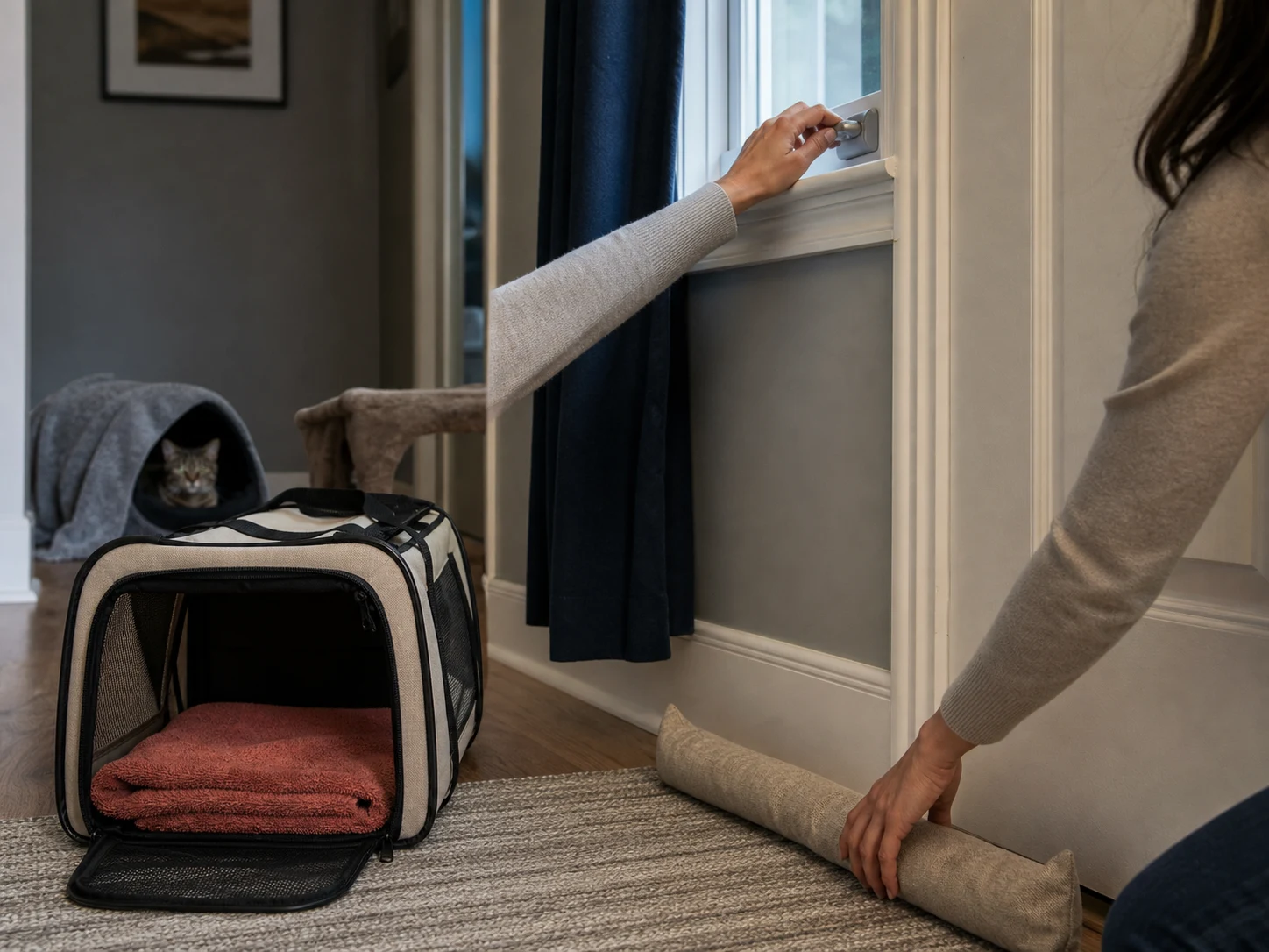 Hands checking a closed window latch and placing a soft door blocker near a cat carrier before fireworks