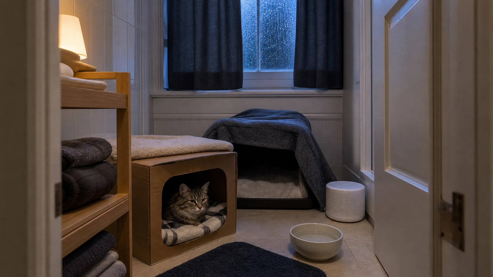 Cat resting inside a blanket-lined safe room hideout with a water bowl and white-noise speaker before fireworks