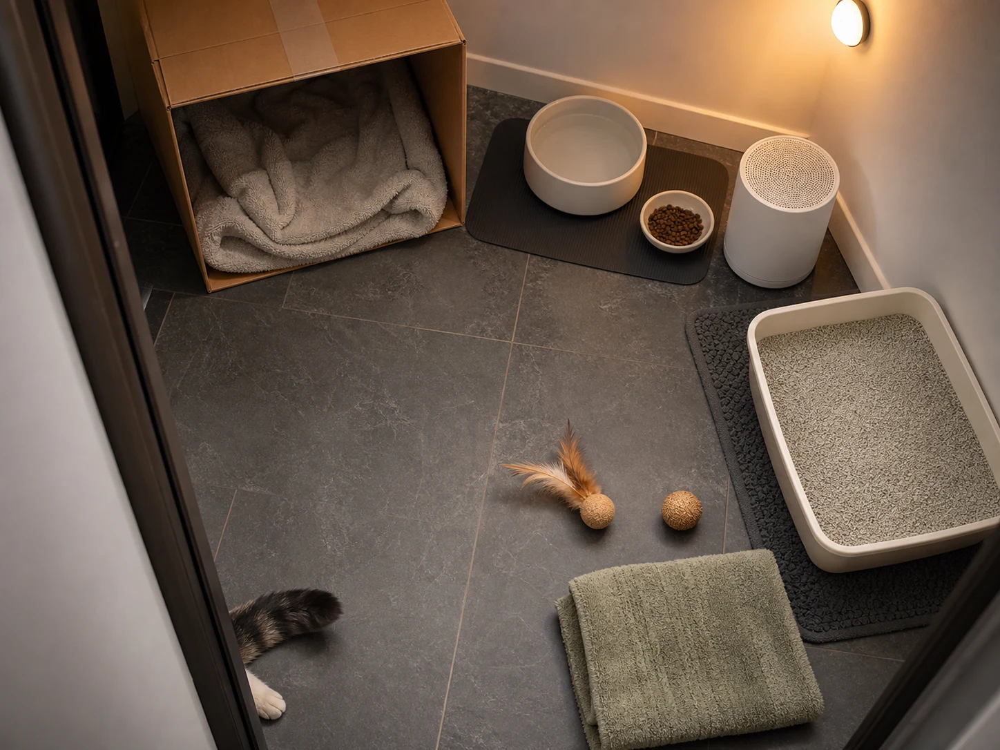 Top-down layout of a cat safe room with a hiding box, water bowl, food dish, clean litter tray, toy, towel, and white noise speaker